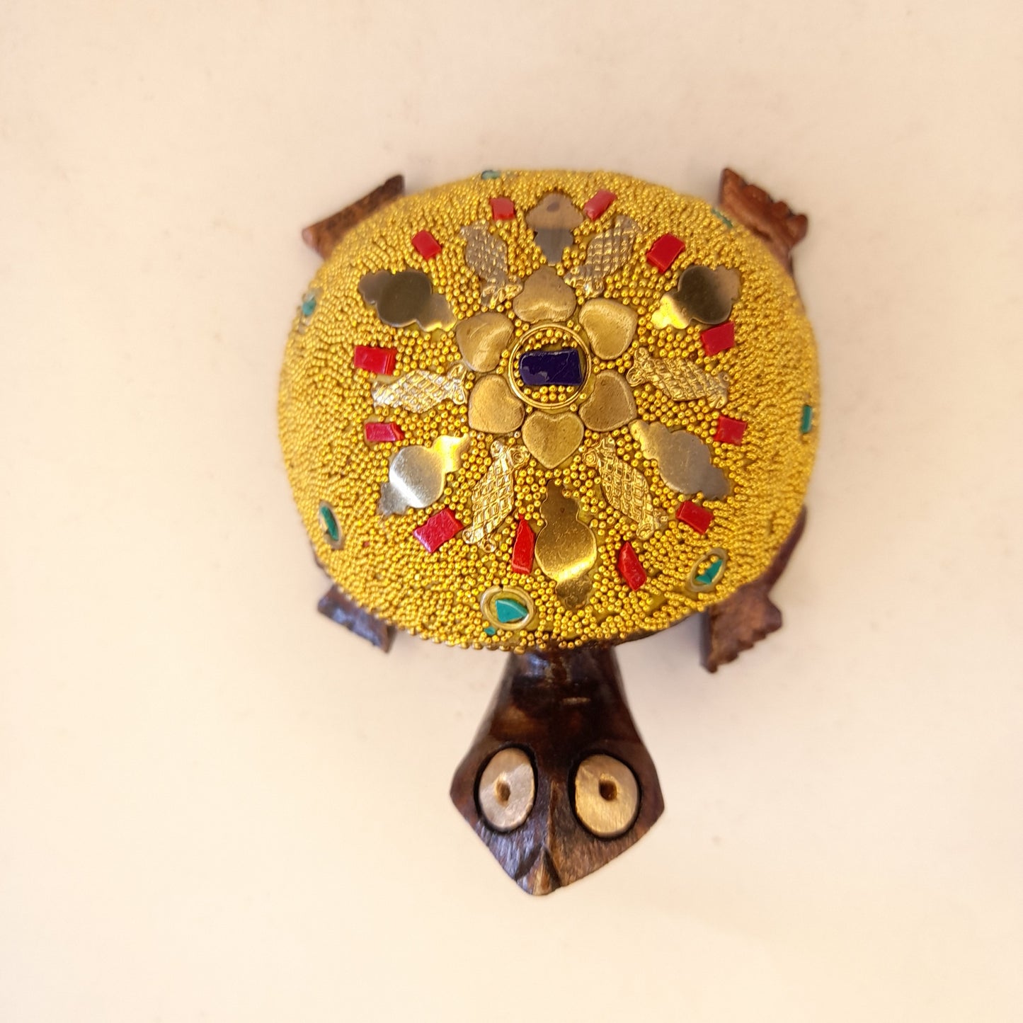 Wooden Turtle Golden Microbead And Brass Chip Texured