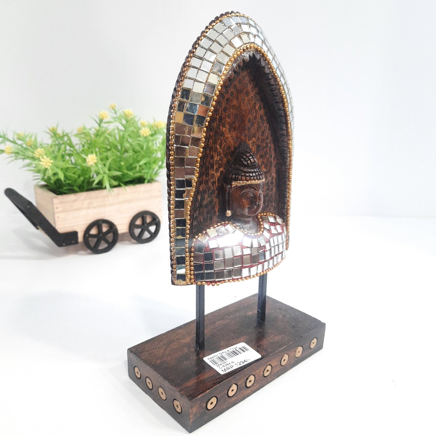 Wooden Gautam Buddha Carved in Rock W/Base & Glass