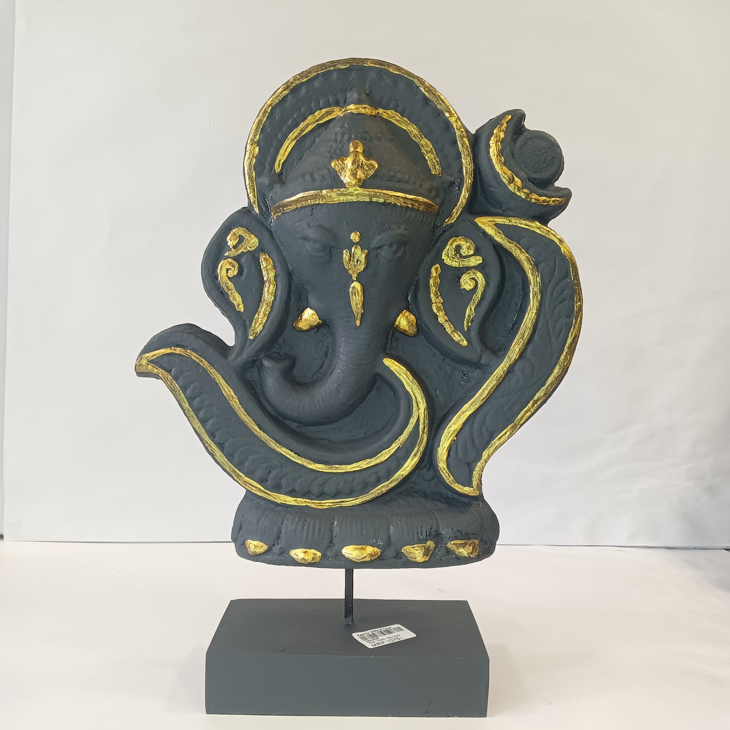 Paper Machie Ganesh Wood Om on Base Wood Black Gold Finish idol