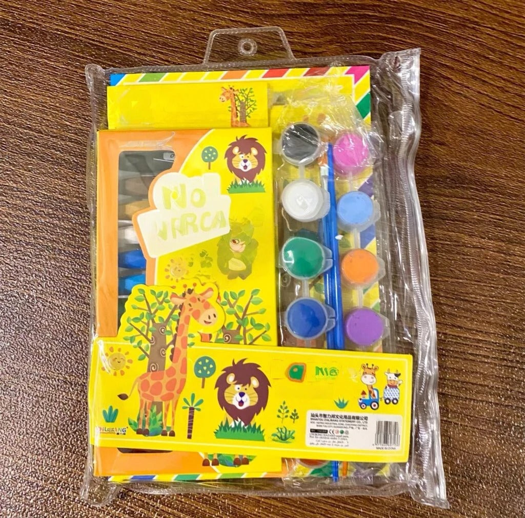 Cartoon characters Design Drawing Activity Set having water colours,2 painting brushes and Crayon box kit set for kids