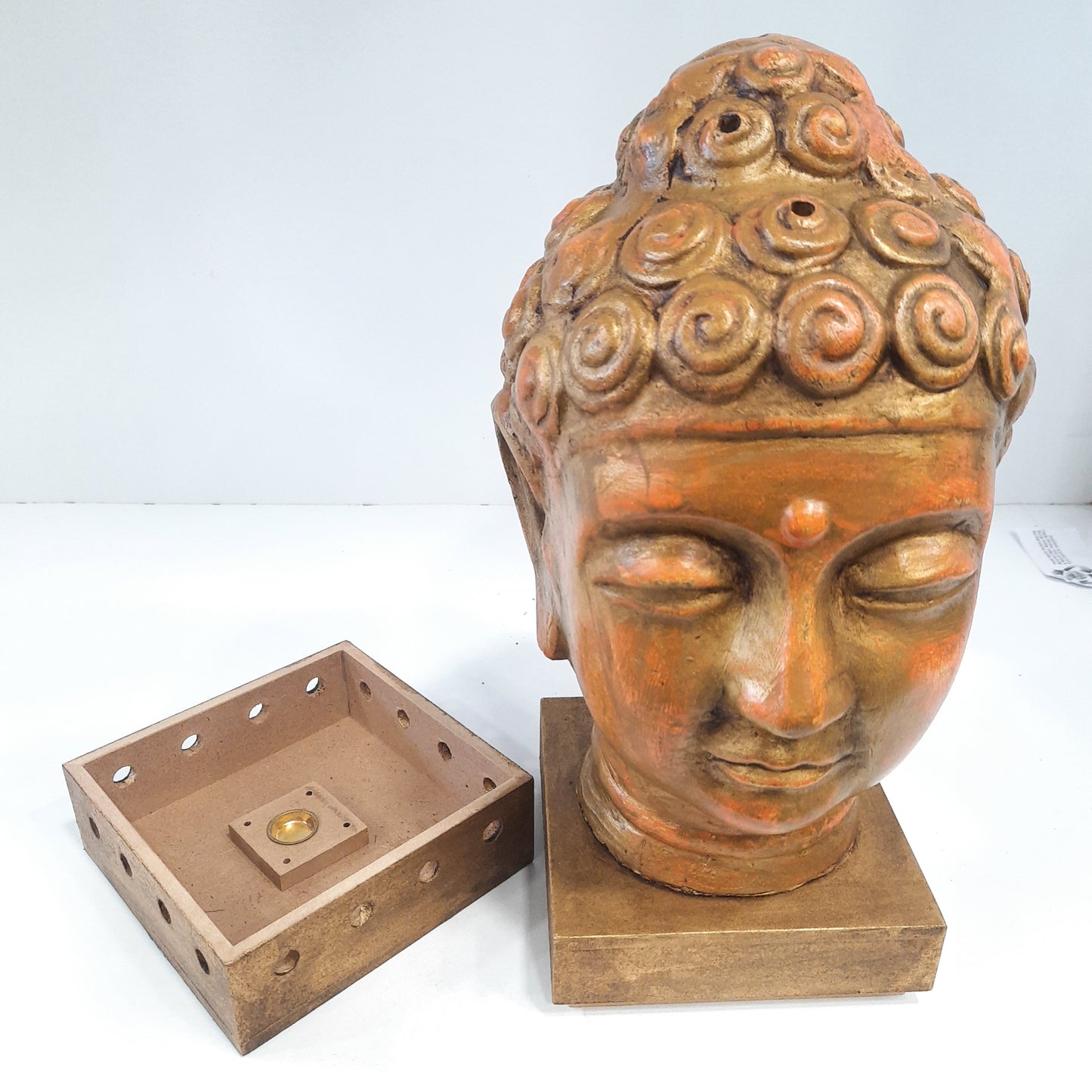 Paper Machie Gautham Buddha Head Wood Orange Golden Finish
