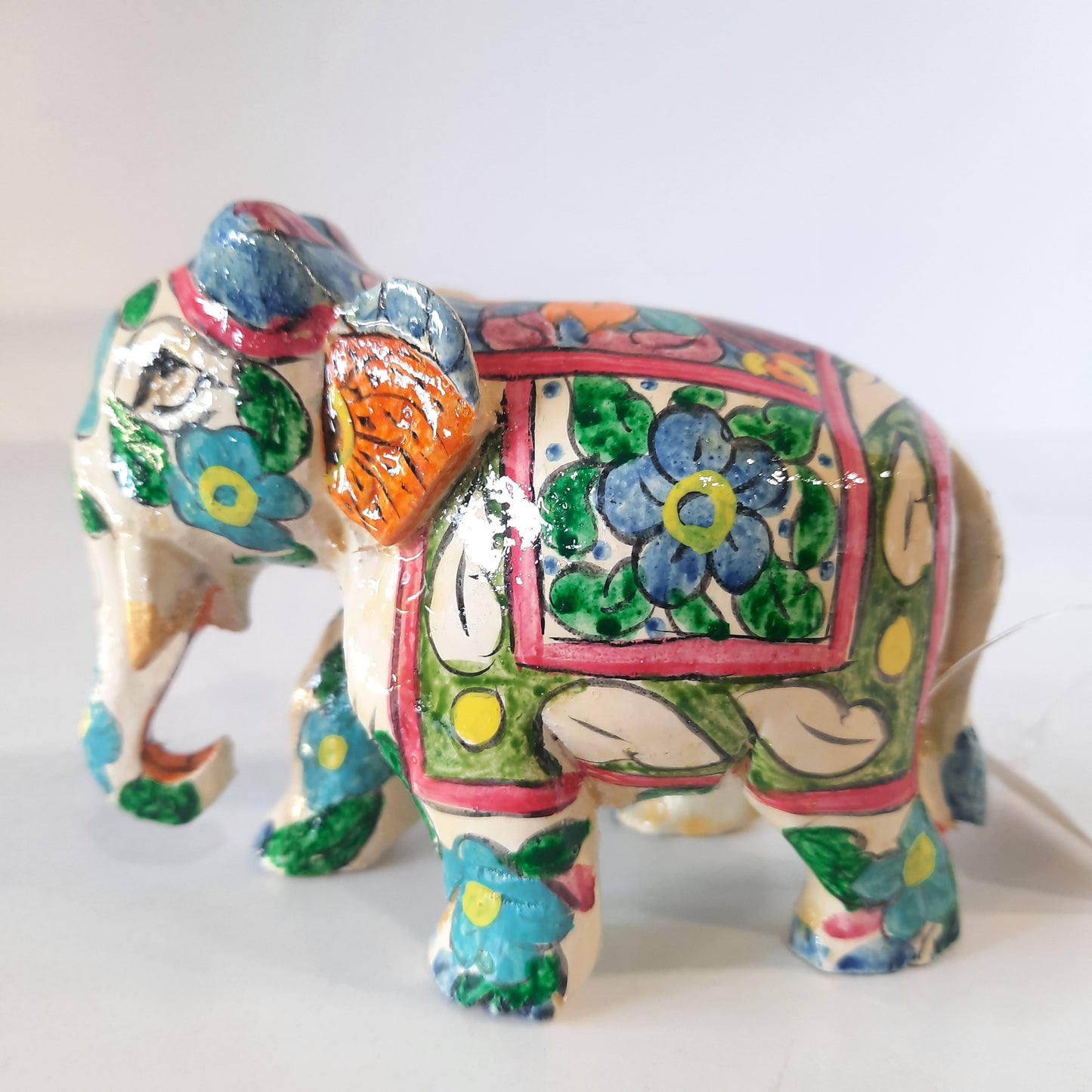 Wooden Elephant Fat T/D W/Blue & White Paint