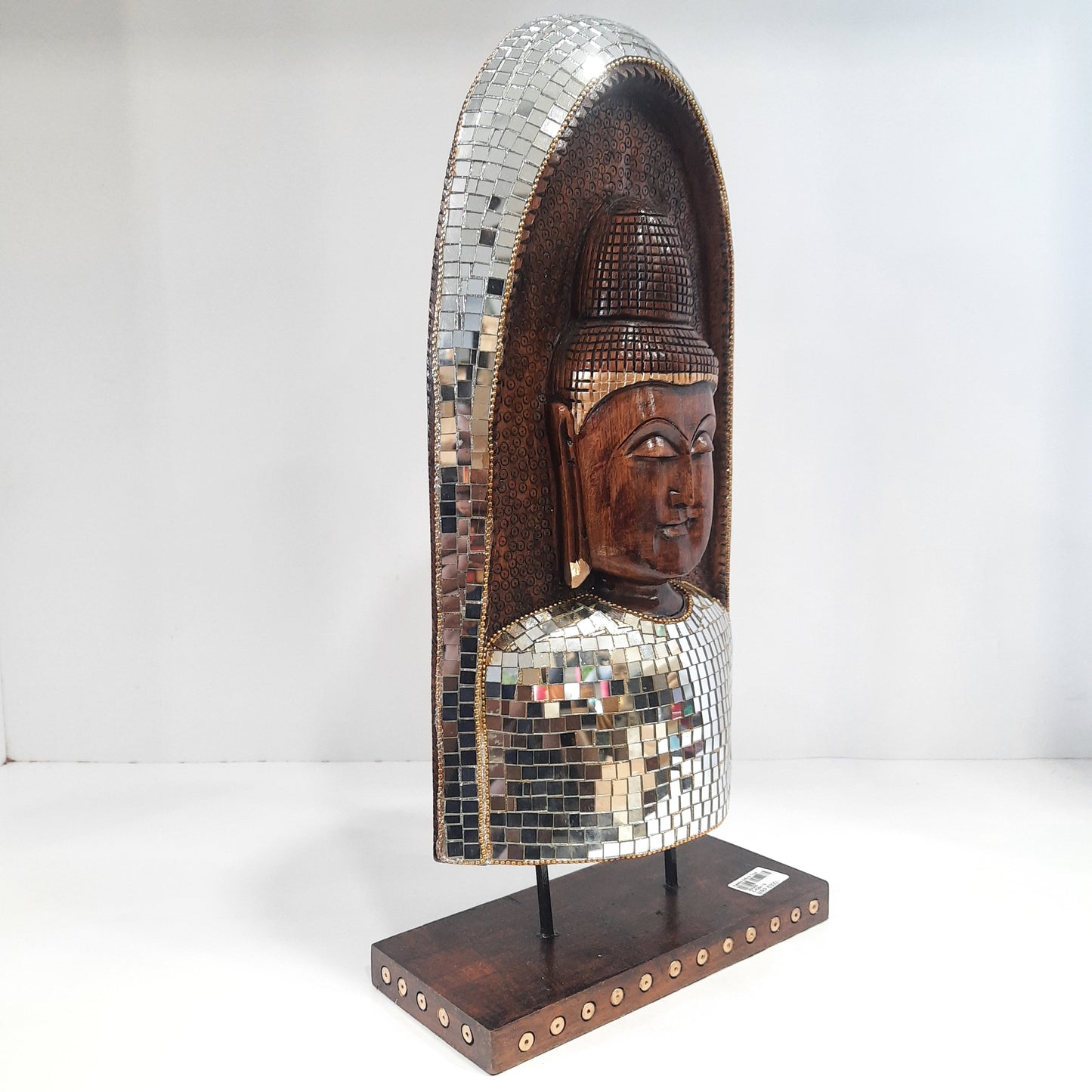 Wooden Gautam Buddha Carved in Rock W/Base & Glass
