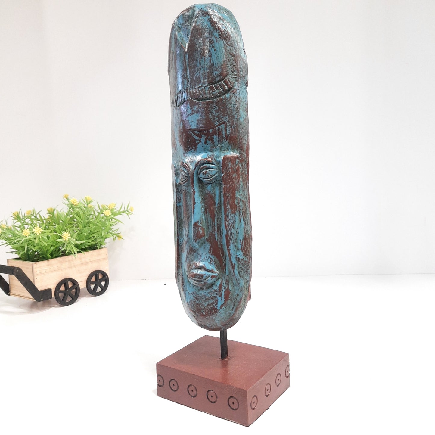 Paper Mahcie African Mask on Base With Turquoise Finish