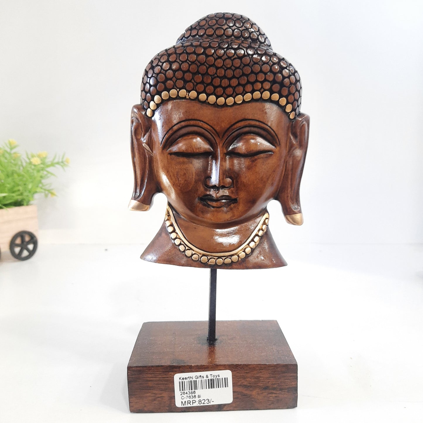 Wooden Gautam Buddha Bust on Base