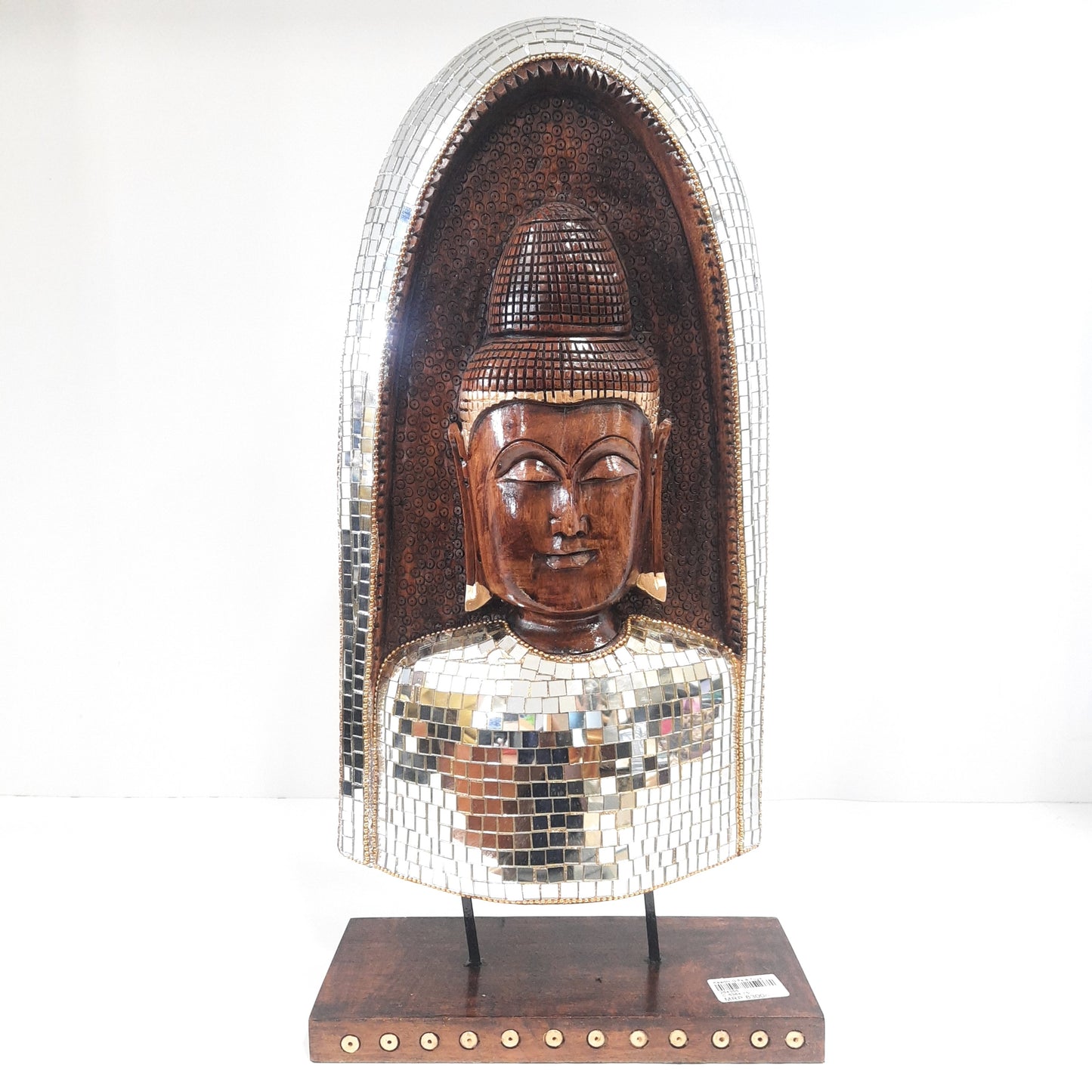 Wooden Gautam Buddha Carved in Rock W/Base & Glass