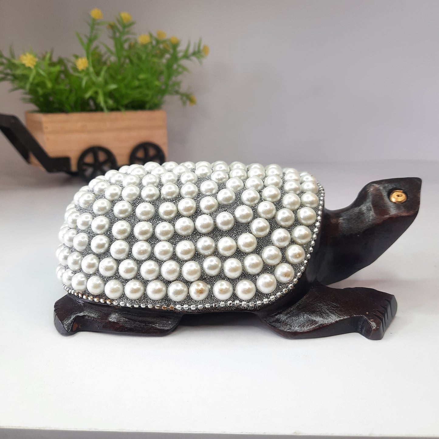 Wooden Turtle W/Pearl And Silver Paint
