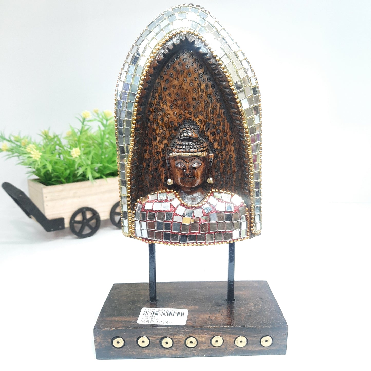 Wooden Gautam Buddha Carved in Rock W/Base & Glass