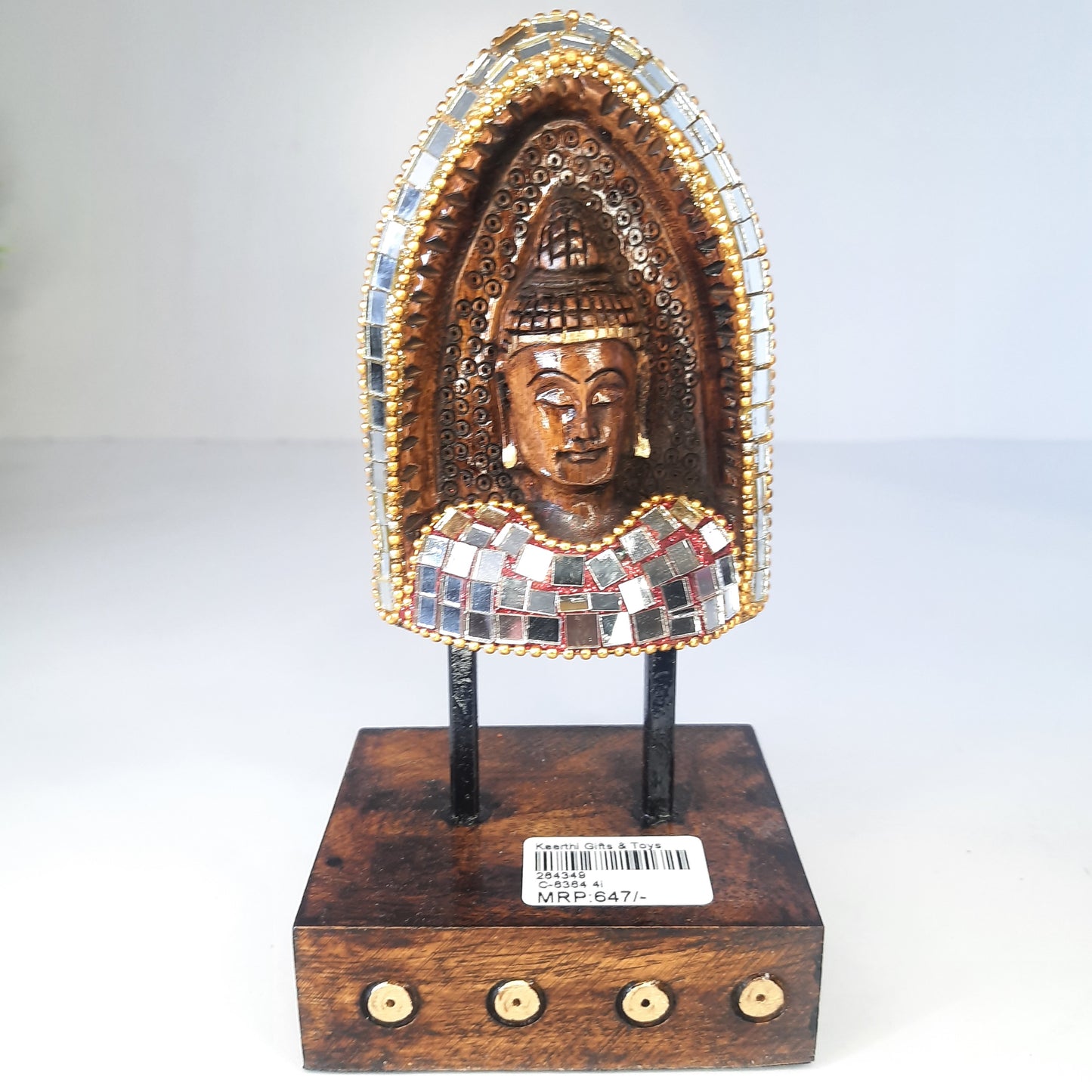 Wooden Gautam Buddha Carved in Rock W/Base & Glass