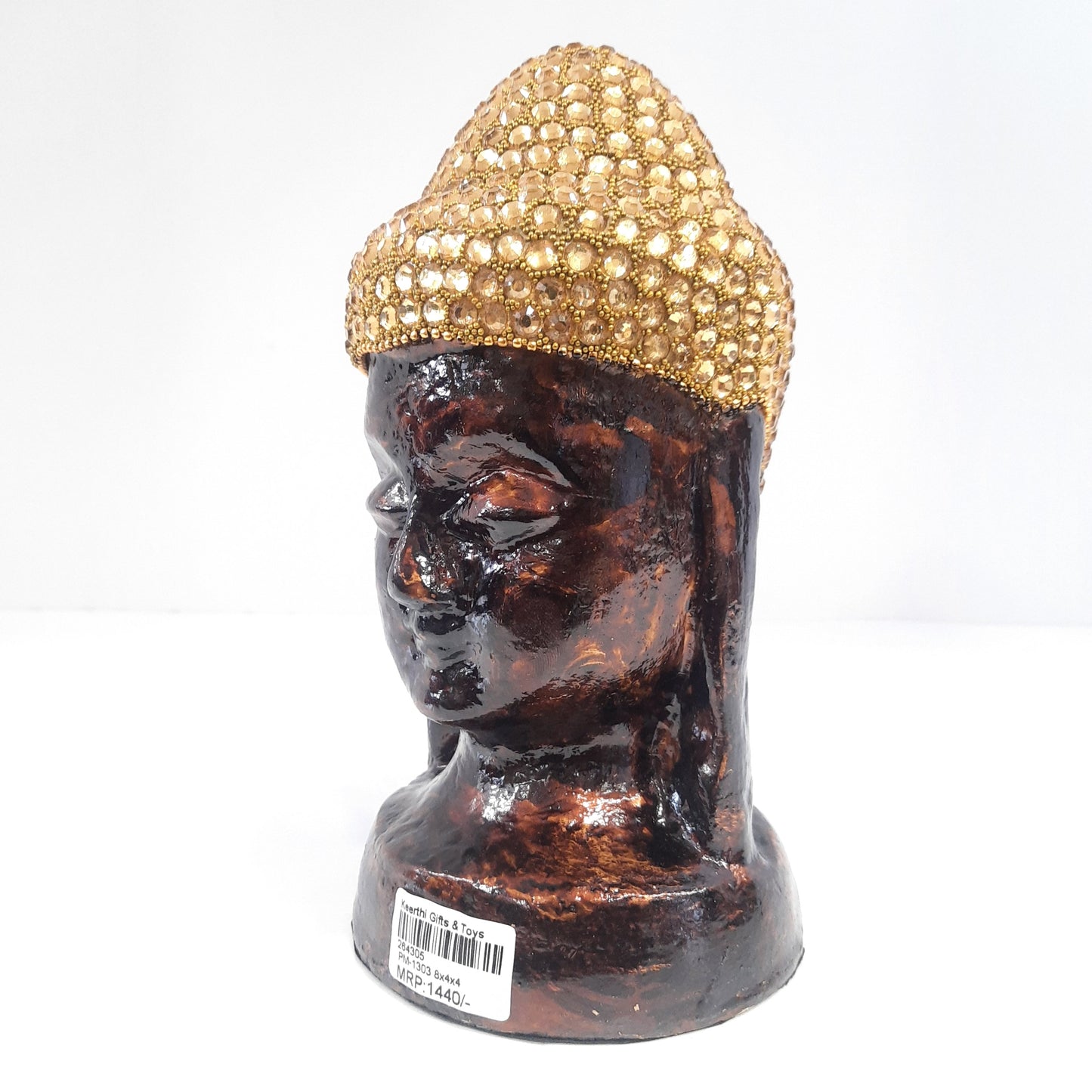 Paper Mache Gautam Buddha Head Wood Gold Chitton Work Wood Golden Brown Texture