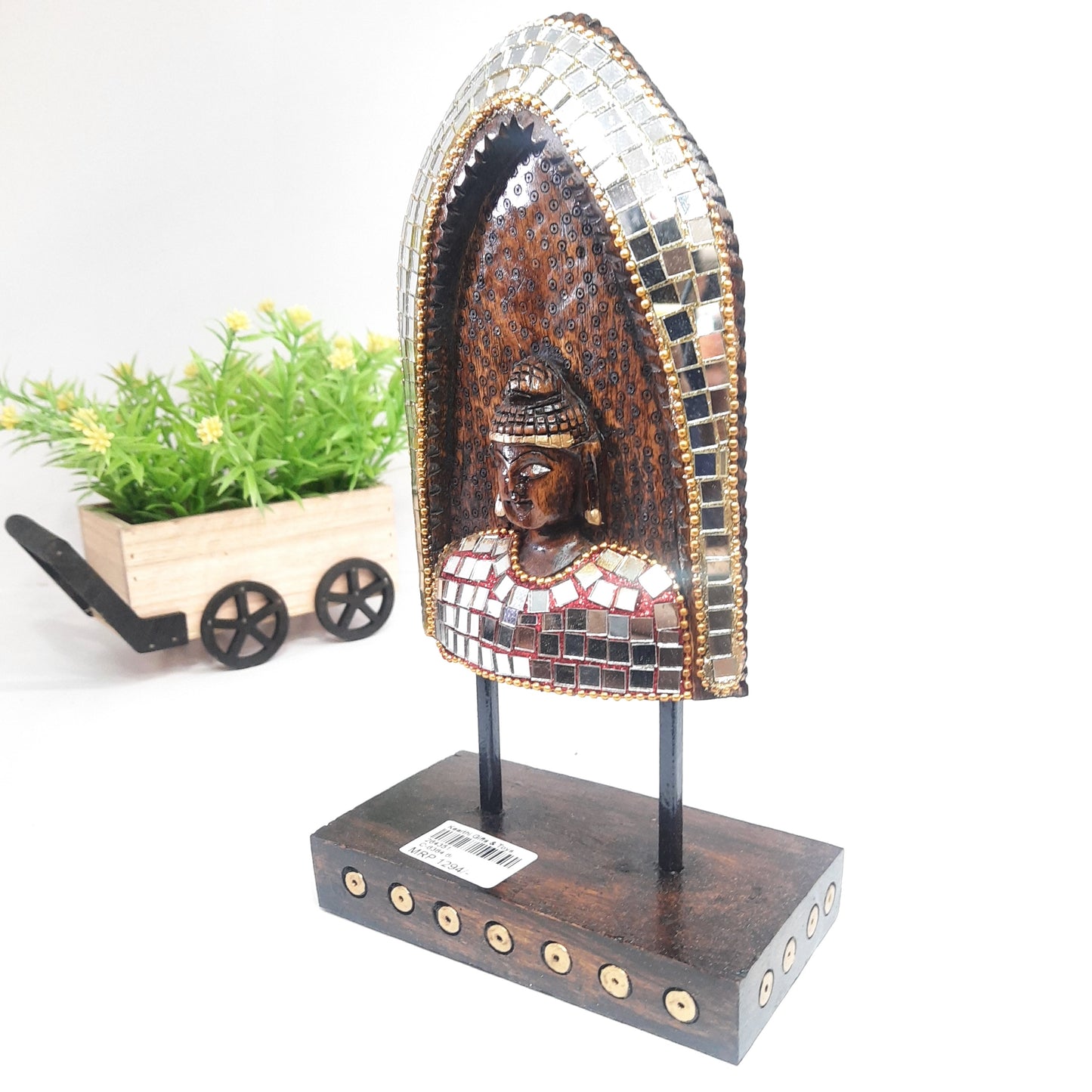 Wooden Gautam Buddha Carved in Rock W/Base & Glass