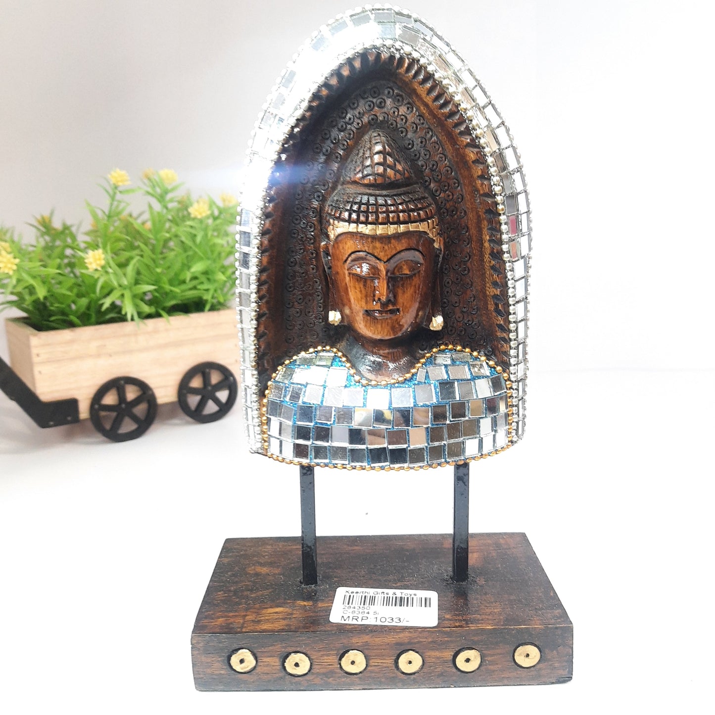 Wooden Gautam Buddha Carved in Rock W/Base & Glass