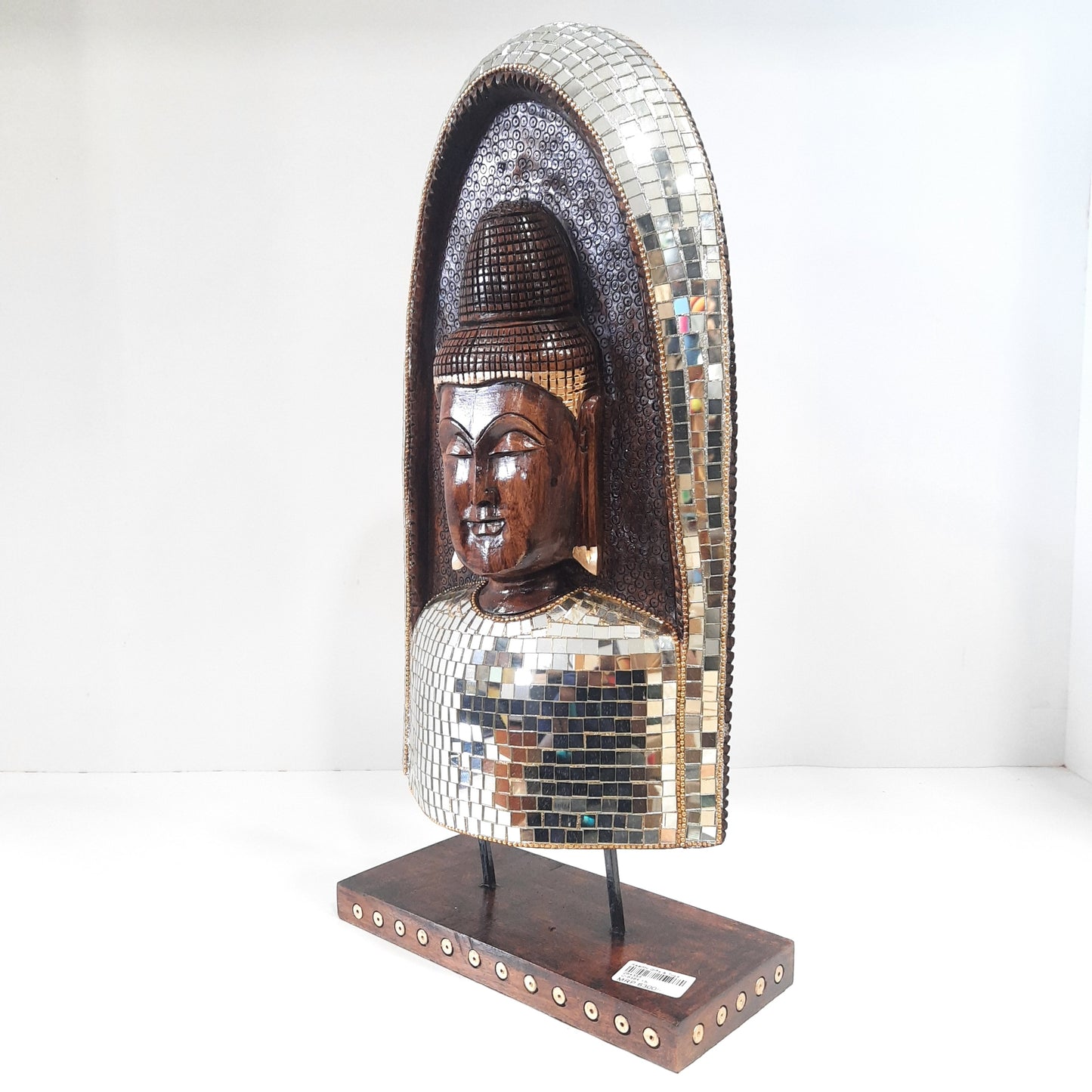 Wooden Gautam Buddha Carved in Rock W/Base & Glass