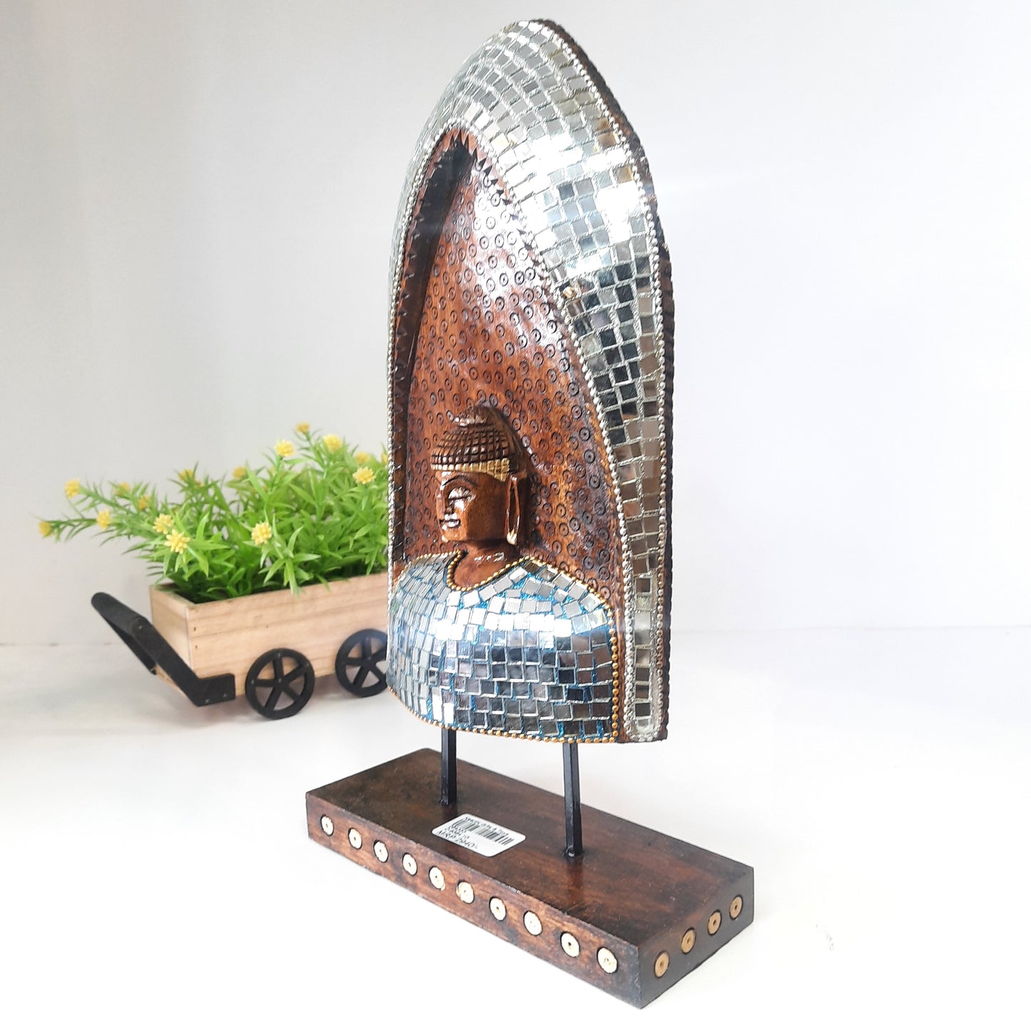 Wooden Gautam Buddha Carved in Rock W/Base & Glass