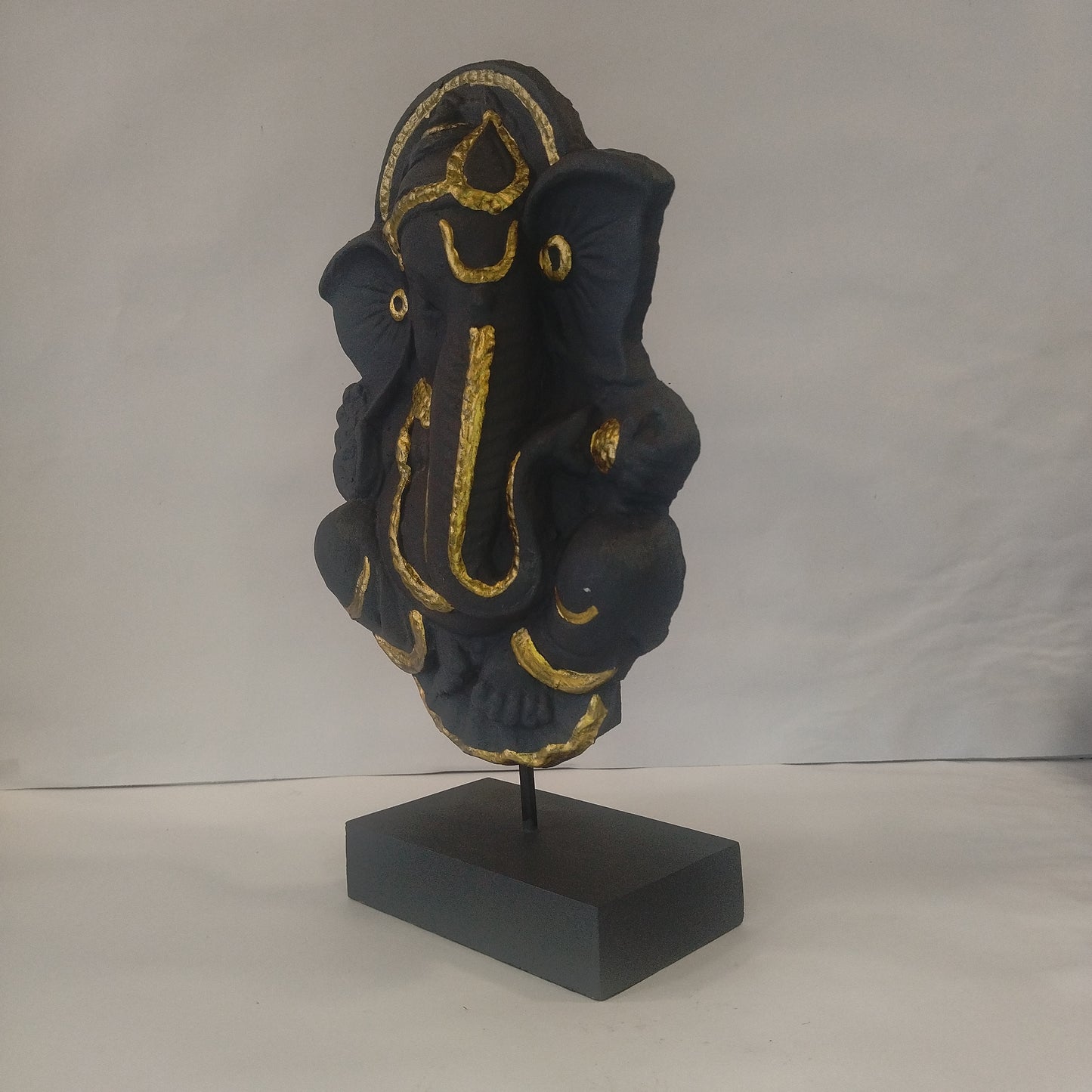 Paper Machie Ganesh on Base Wooden Black Gold Finish