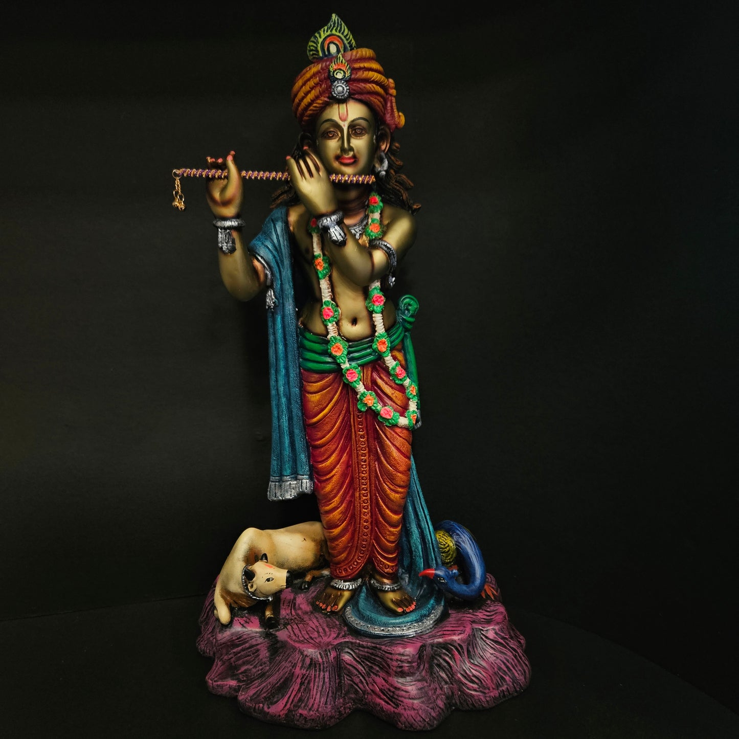 Lord Krishna murti playing flute standing on stone with peacock and cow Idol statue for Home Decor