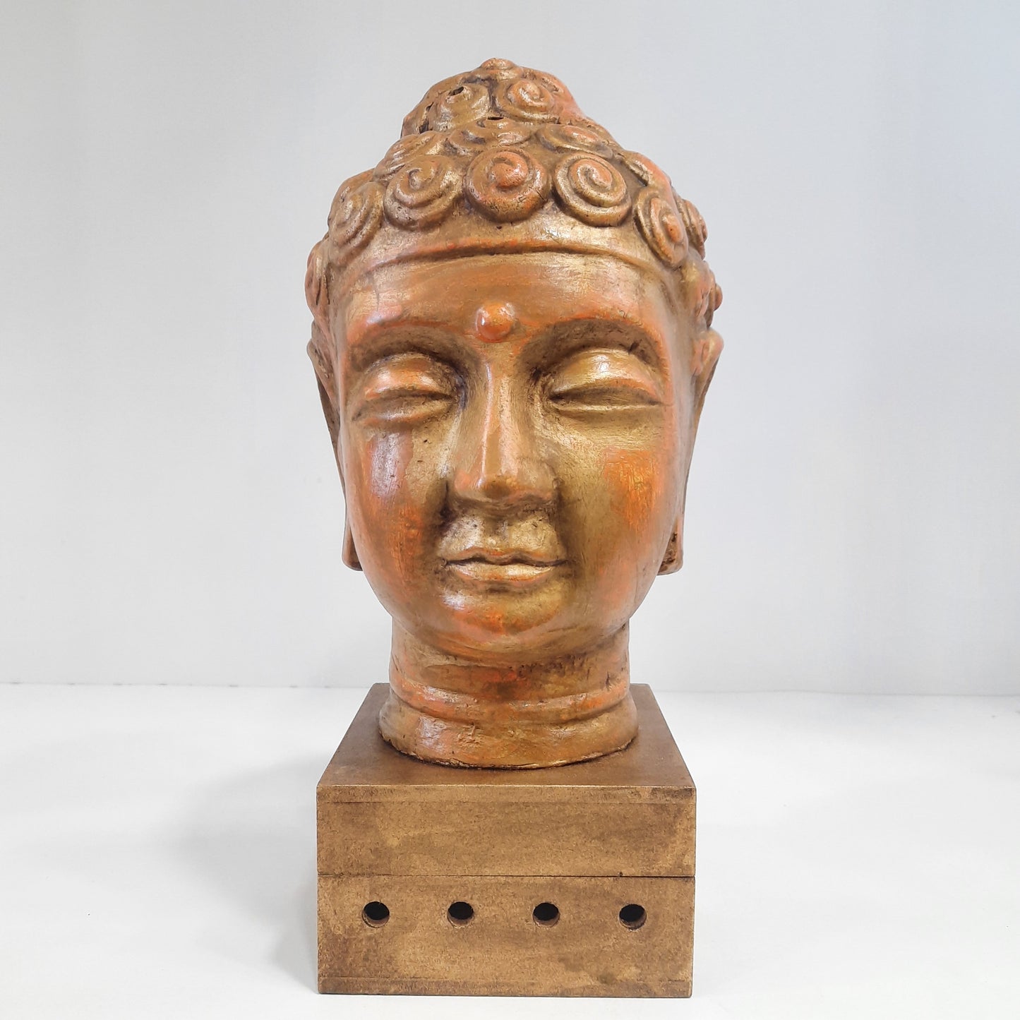 Paper Machie Gautham Buddha Head Wood Orange Golden Finish