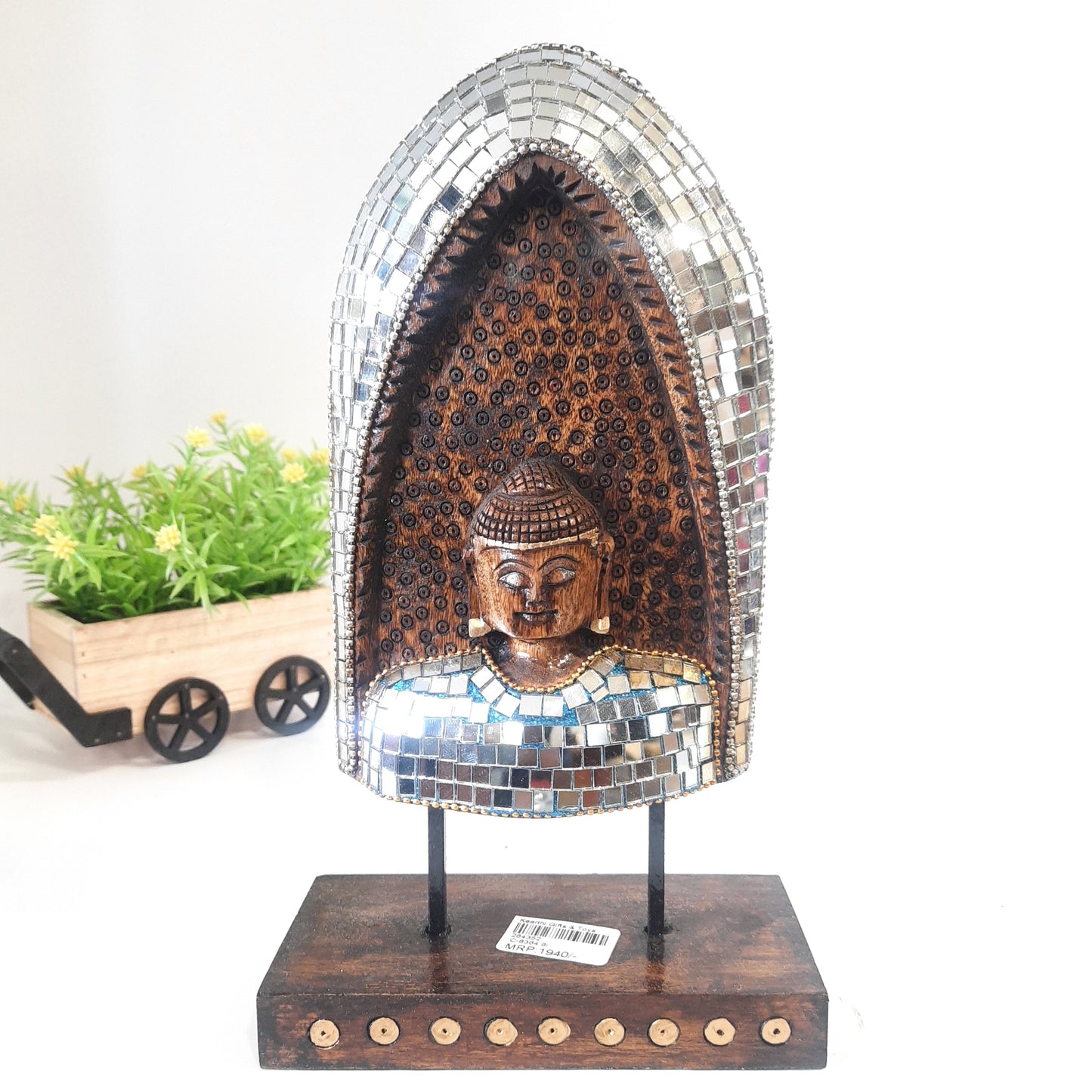 Wooden Gautam Buddha Carved in Rock W/Base & Glass