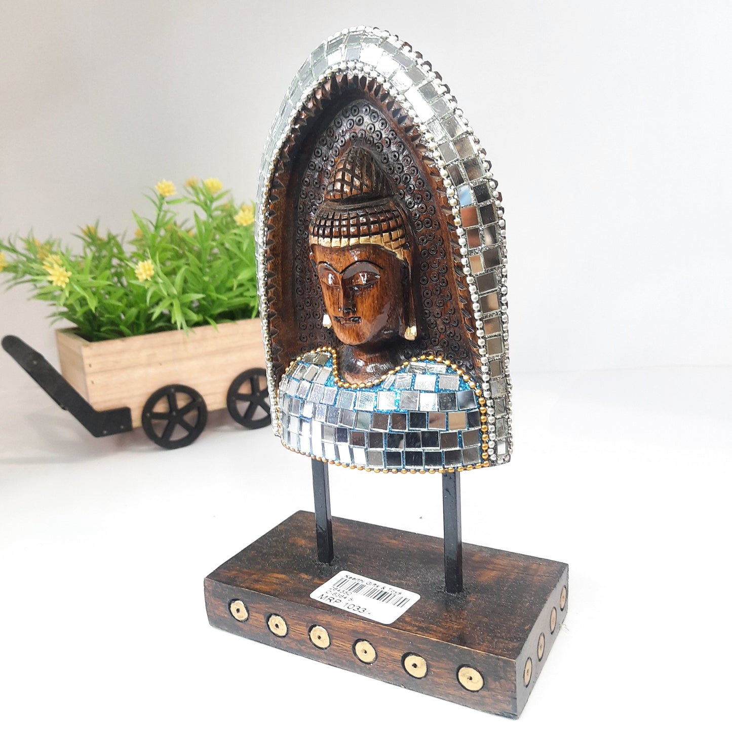 Wooden Gautam Buddha Carved in Rock W/Base & Glass