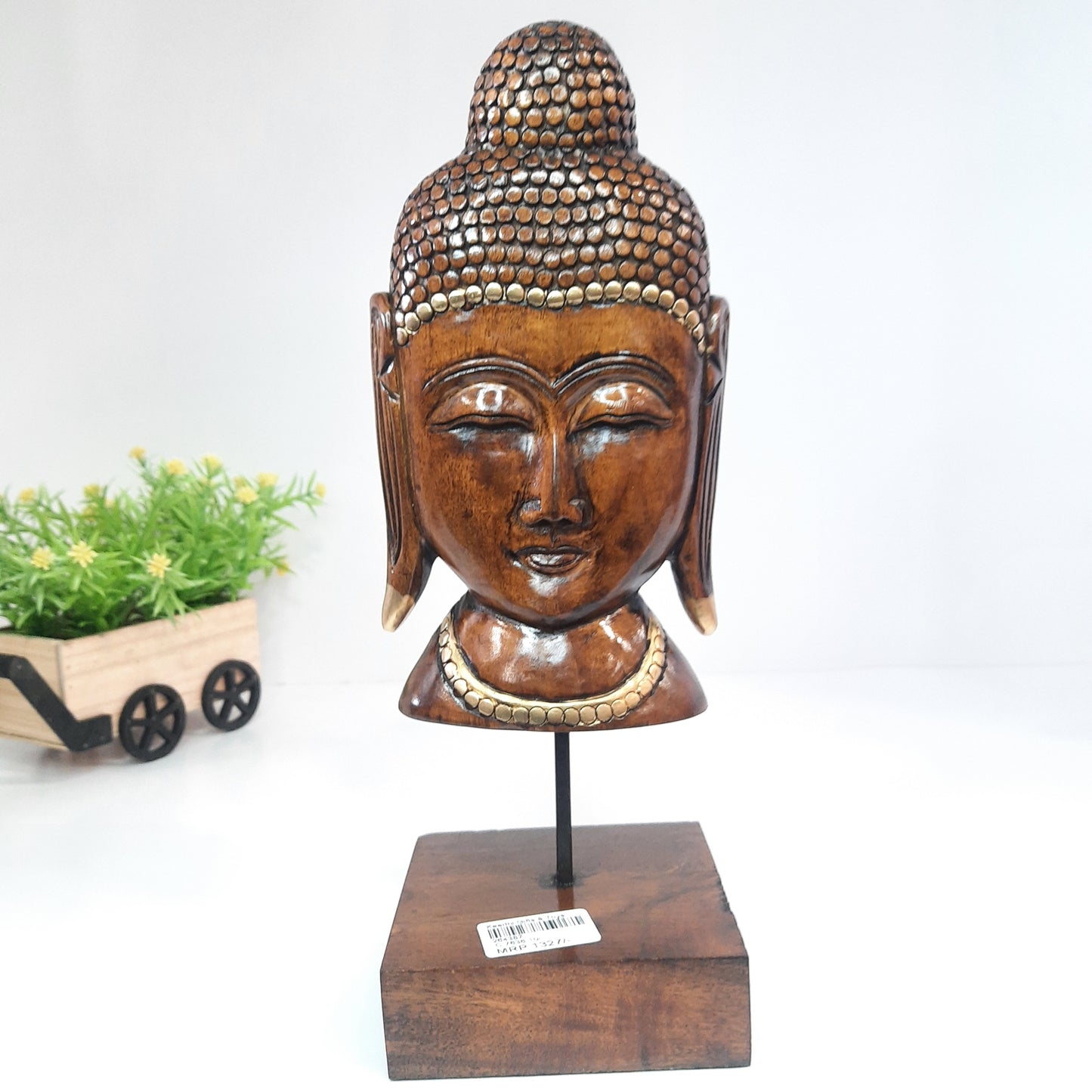 Wooden Gautam Buddha Bust on Base