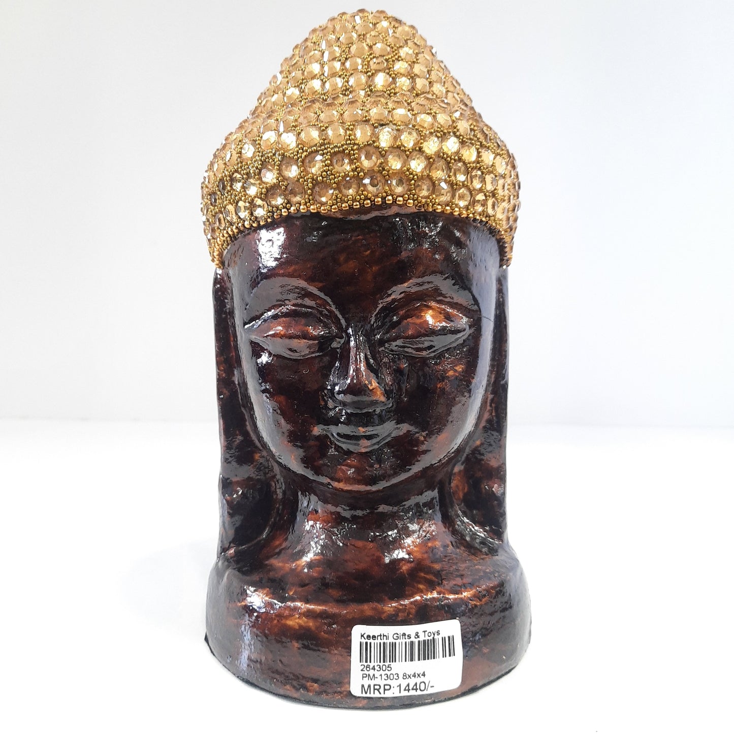 Paper Mache Gautam Buddha Head Wood Gold Chitton Work Wood Golden Brown Texture