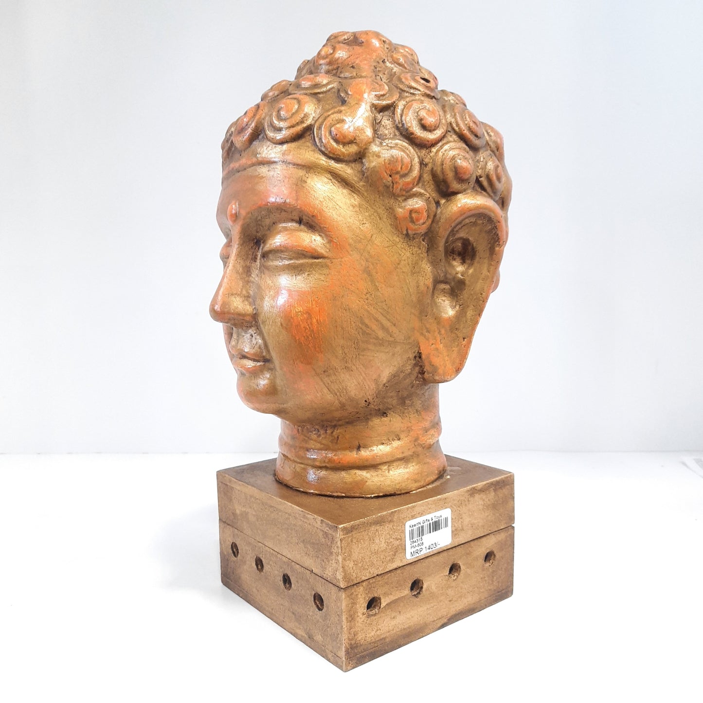 Paper Machie Gautham Buddha Head Wood Orange Golden Finish
