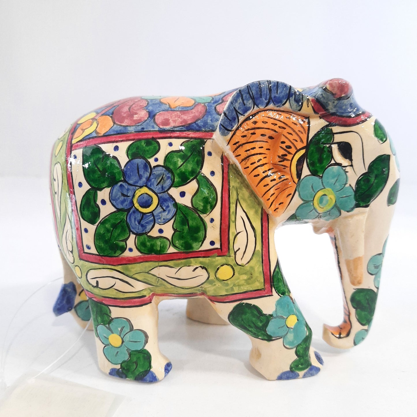 Wooden Elephant Fat T/D W/Blue & White Paint