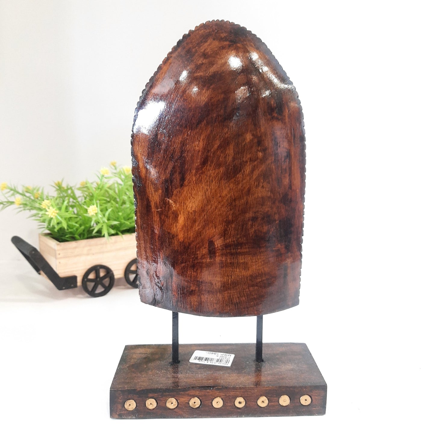 Wooden Gautam Buddha Carved in Rock W/Base & Glass