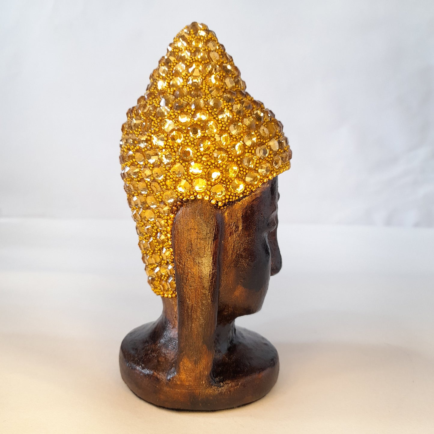Paper Mache Gautam Buddha Head Gold Chitton Work Golden Brown Texture