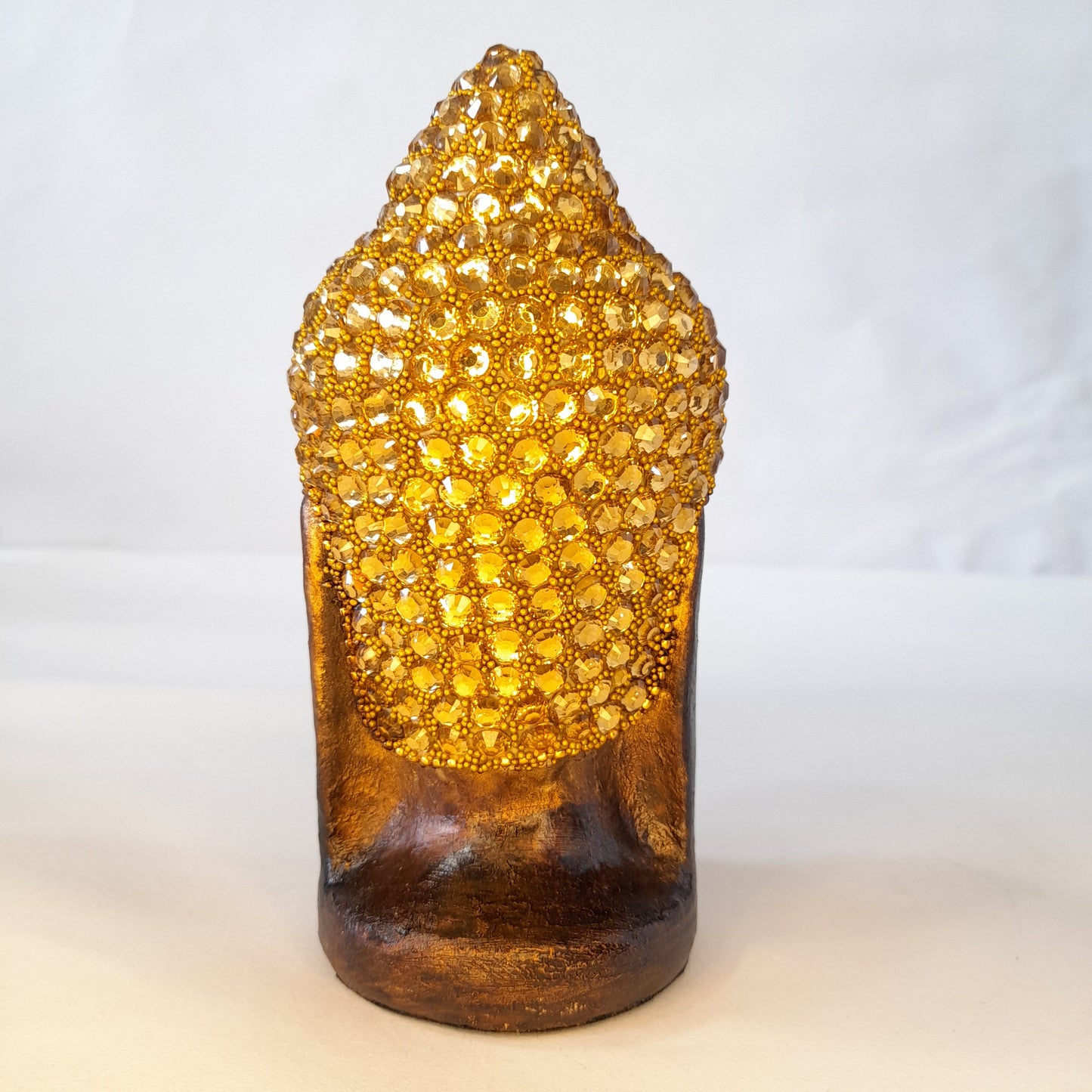 Paper Mache Gautam Buddha Head Gold Chitton Work Golden Brown Texture