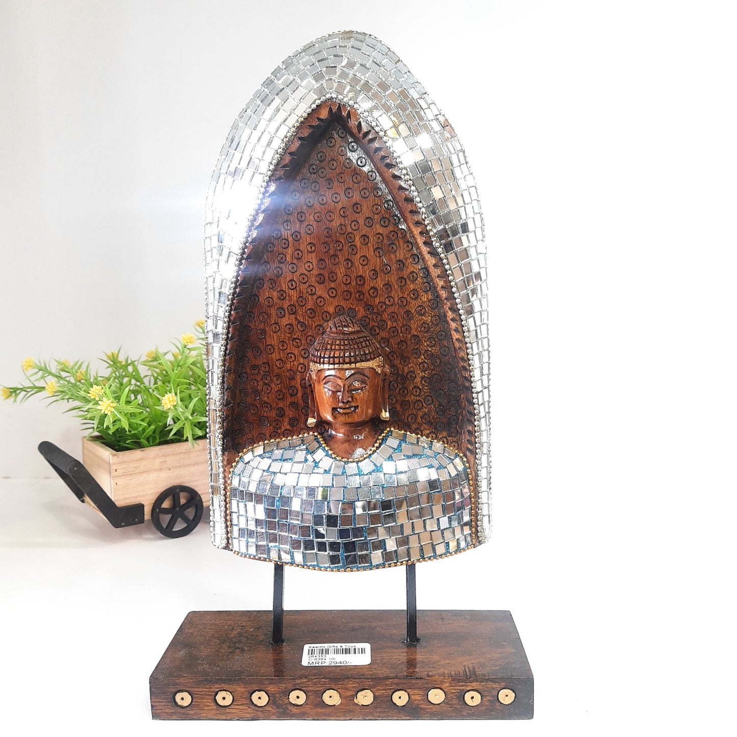 Wooden Gautam Buddha Carved in Rock W/Base & Glass