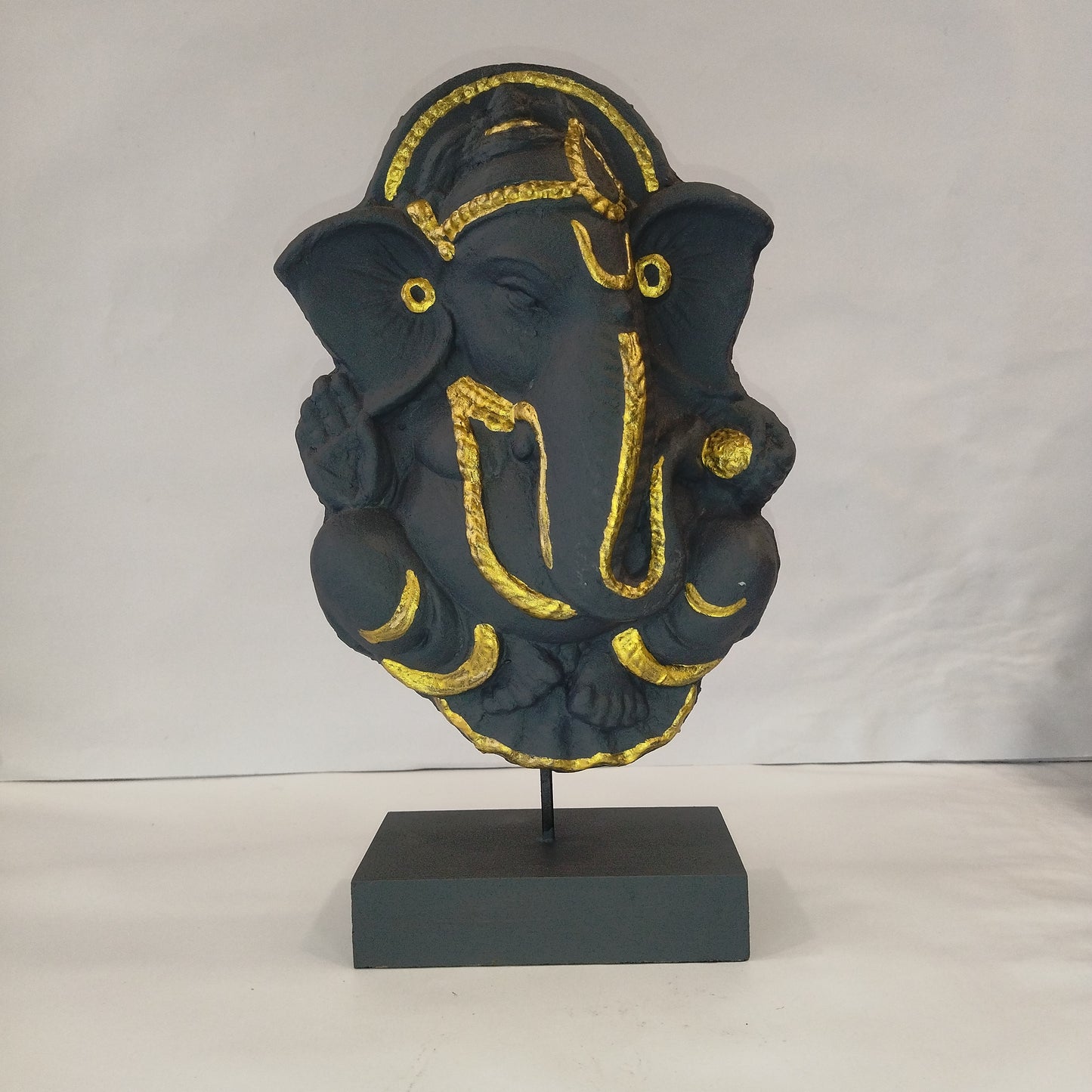 Paper Machie Ganesh on Base Wooden Black Gold Finish
