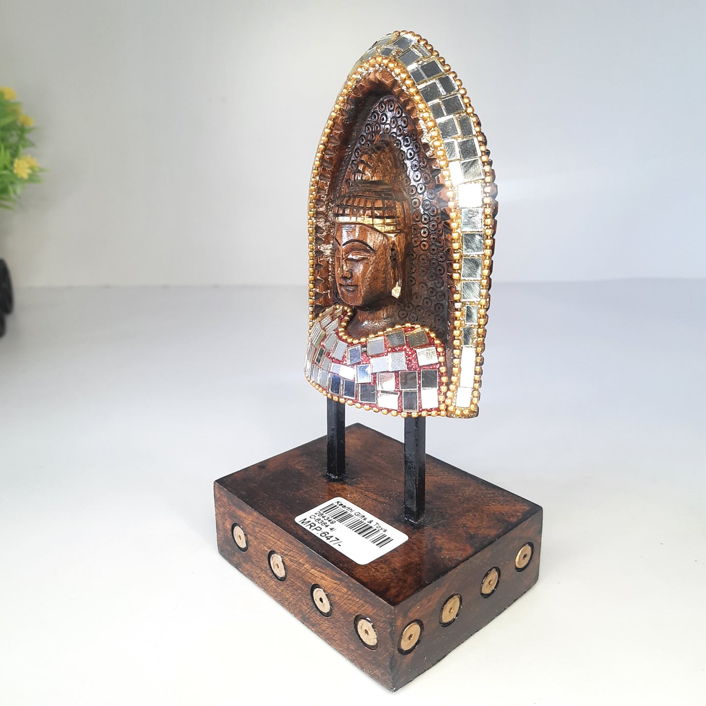 Wooden Gautam Buddha Carved in Rock W/Base & Glass