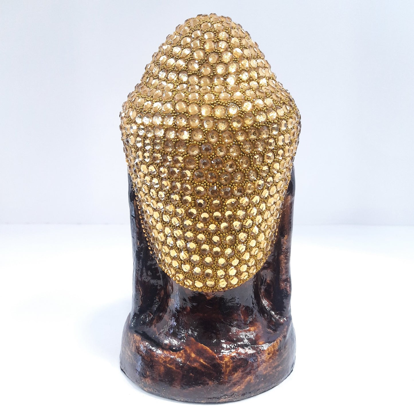Paper Mache Gautam Buddha Head Wood Gold Chitton Work Wood Golden Brown Texture