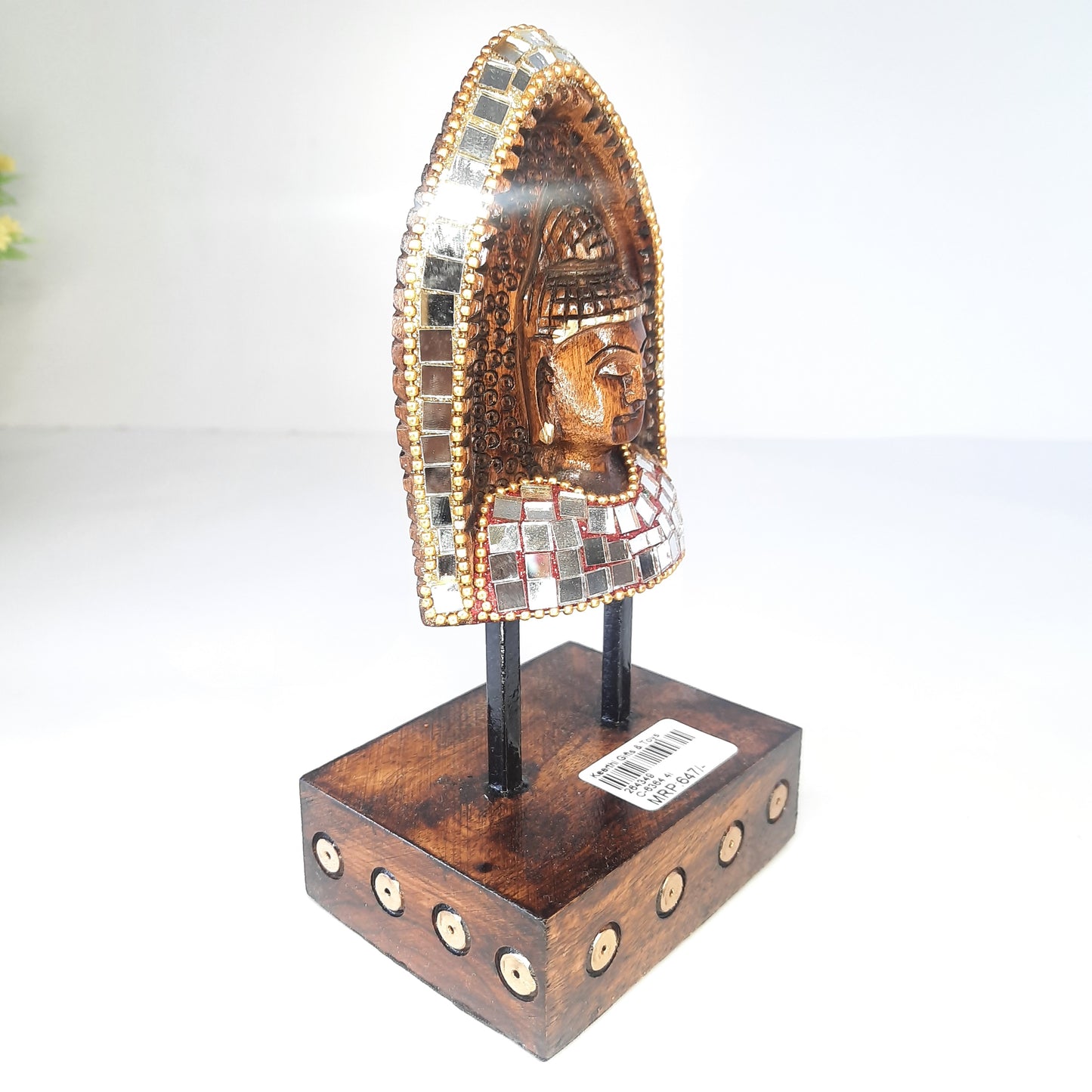 Wooden Gautam Buddha Carved in Rock W/Base & Glass