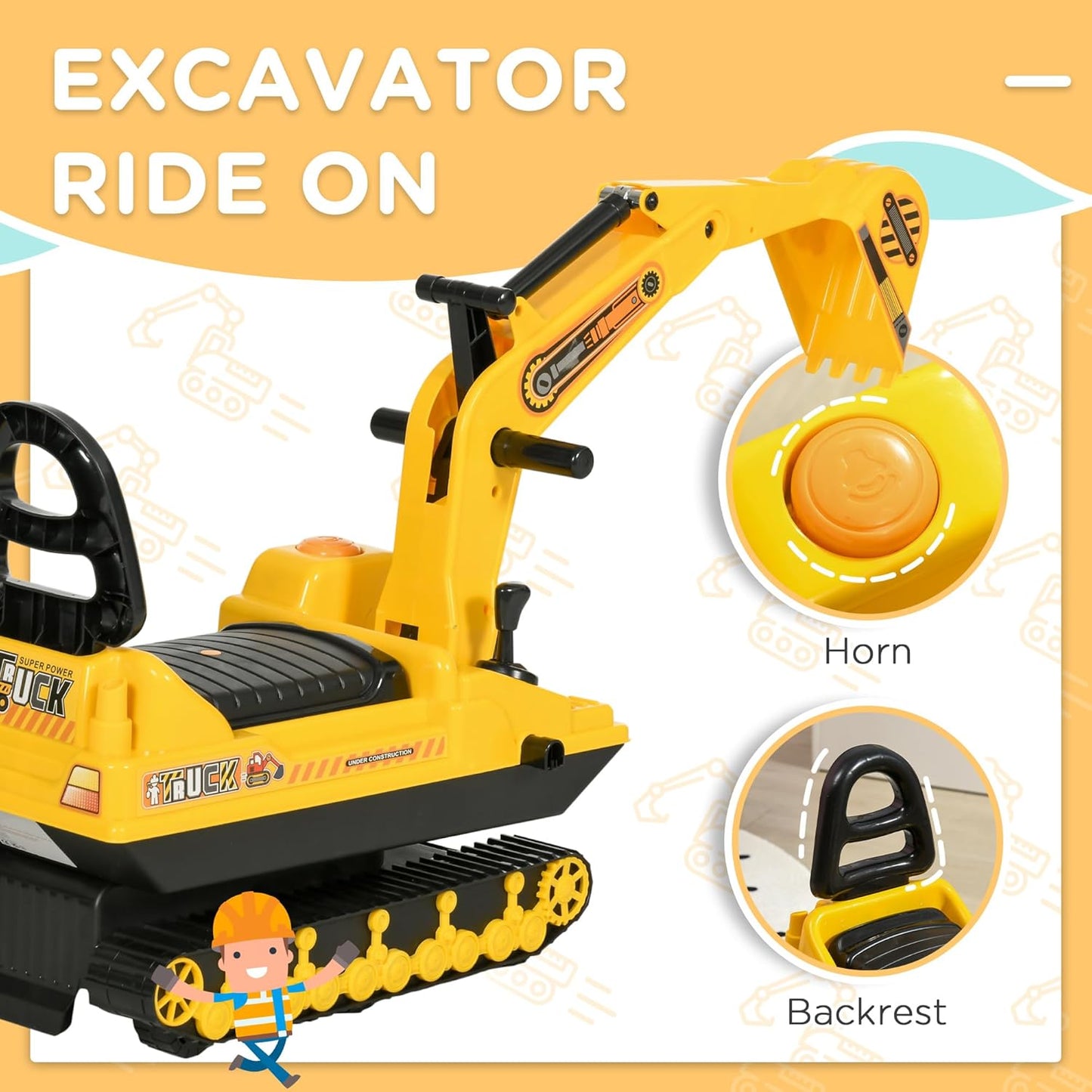 Toy excavator with features highlighted on a yellow background