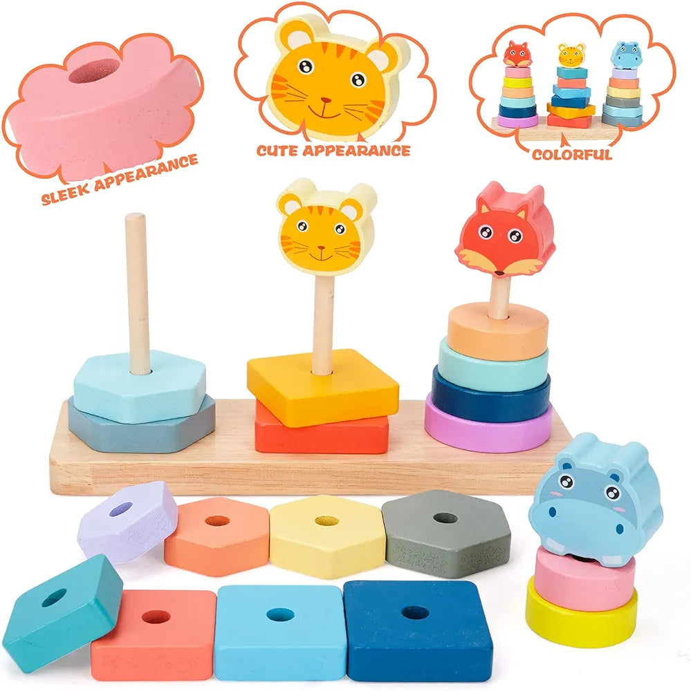 Colourful Animal Set Of Pillars Wooden Toys For Kids Montessori Toy For Girl Boys Birthday Gift for 1 to 3 Years Old Kids Wooden Toys Building Blocks For Kids Brain Development
