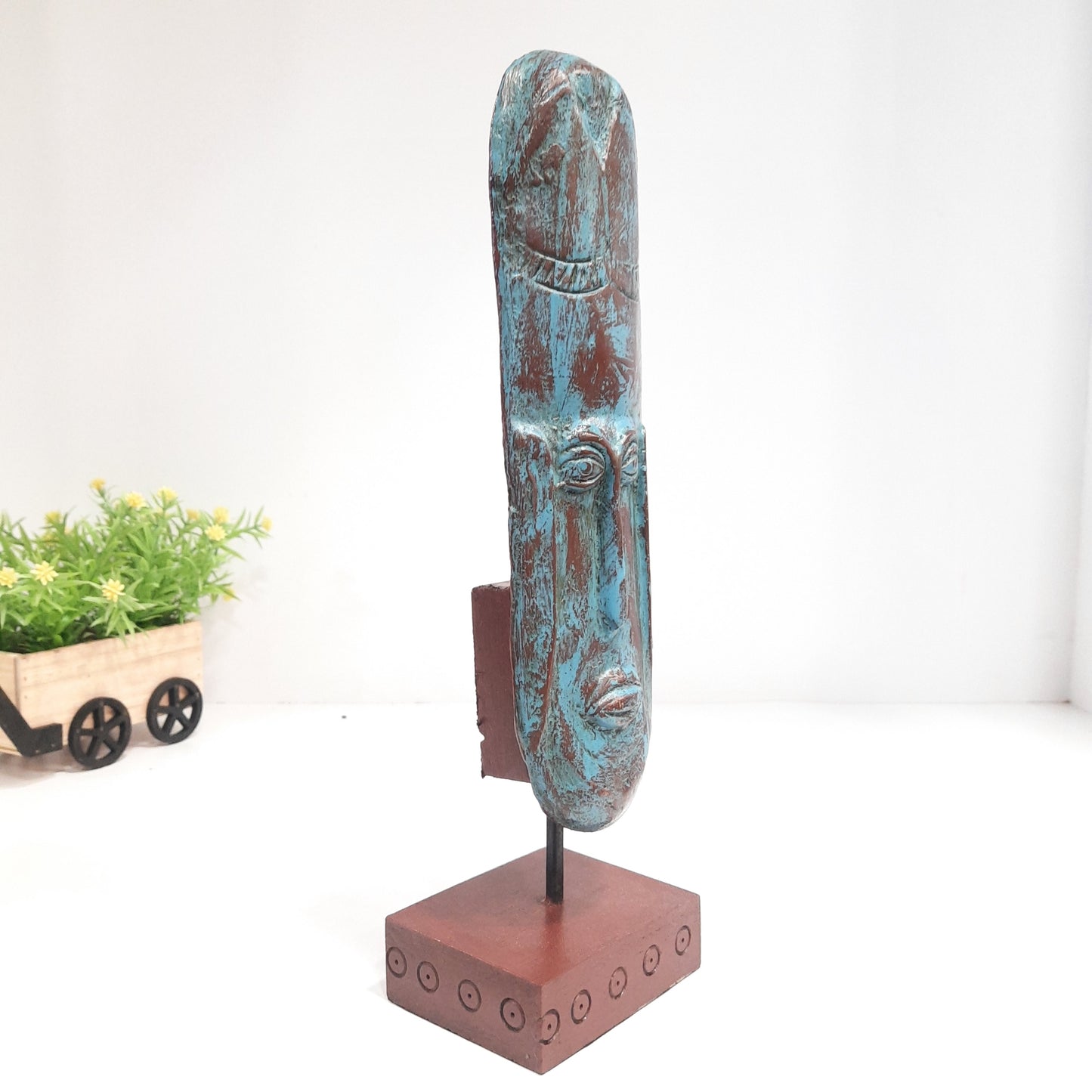 Paper Mahcie African Mask on Base With Turquoise Finish