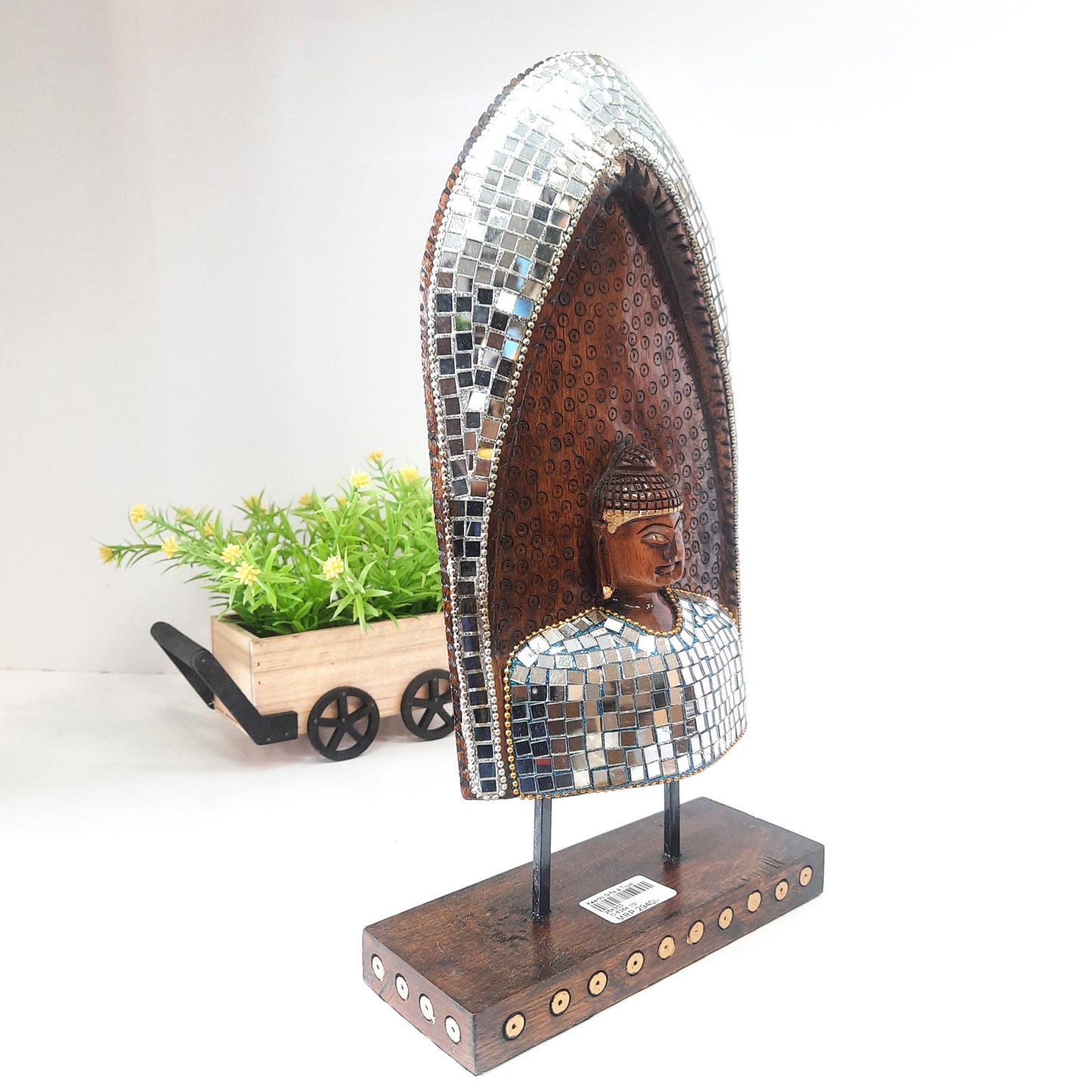 Wooden Gautam Buddha Carved in Rock W/Base & Glass