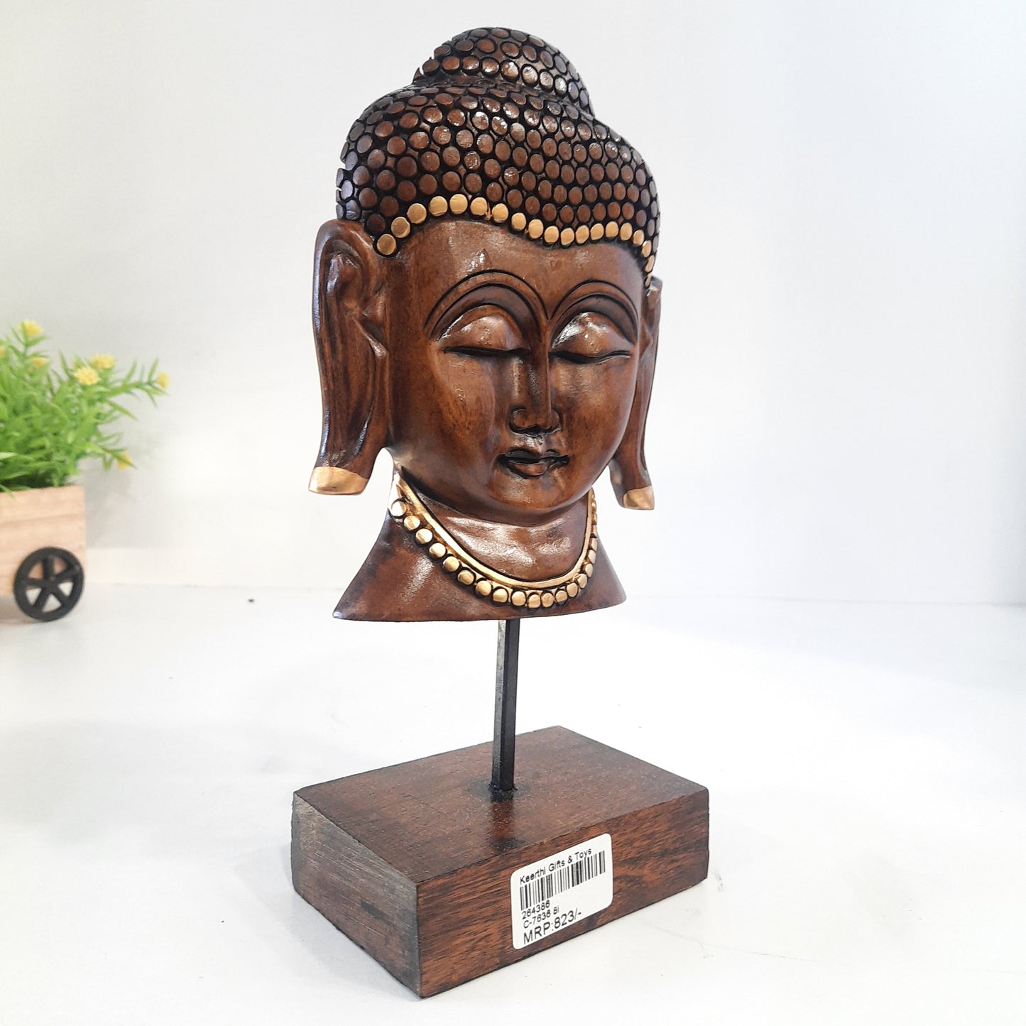 Wooden Gautam Buddha Bust on Base