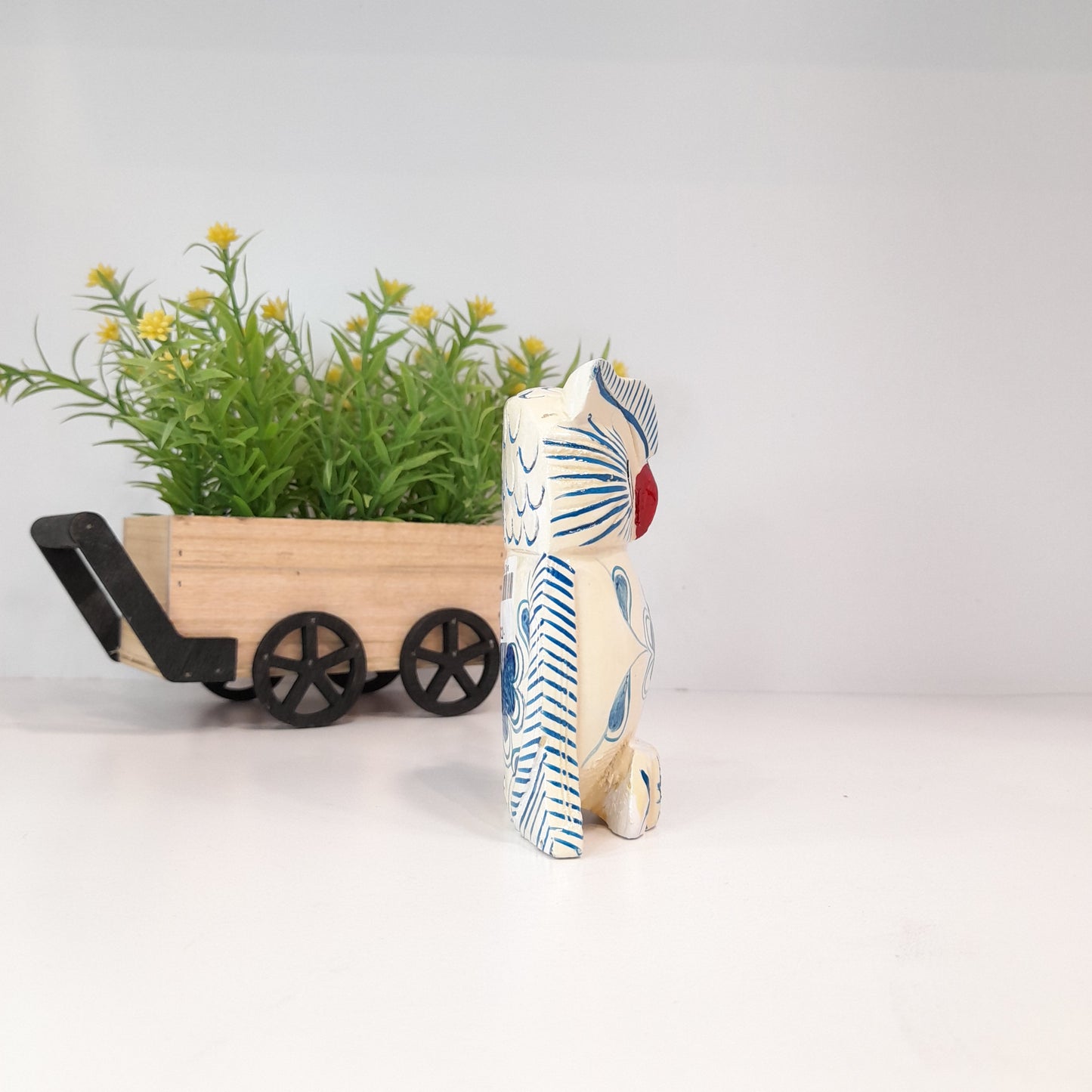 Wooden Owl F. Pose W/Blue Flower Paint