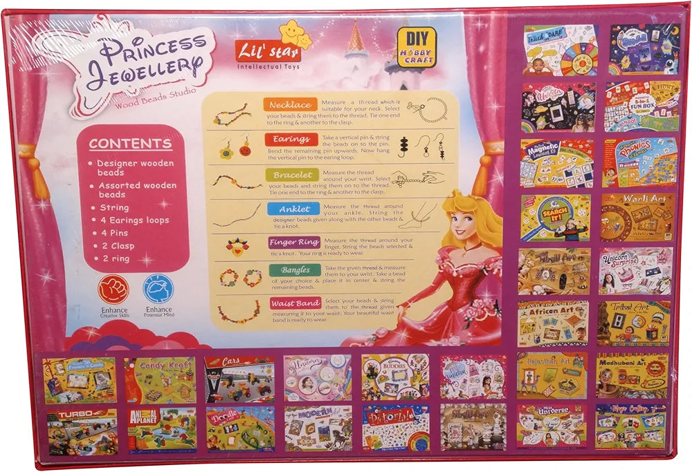 Princess Jewellery Wood Beads Studio Hobby Craft Kit Creative Bead Jewellery Making Set for Girls Includes Wooden Beads Necklaces Bracelets and Earrings Fun Arts and Crafts Gift for Kids 6 years above age old