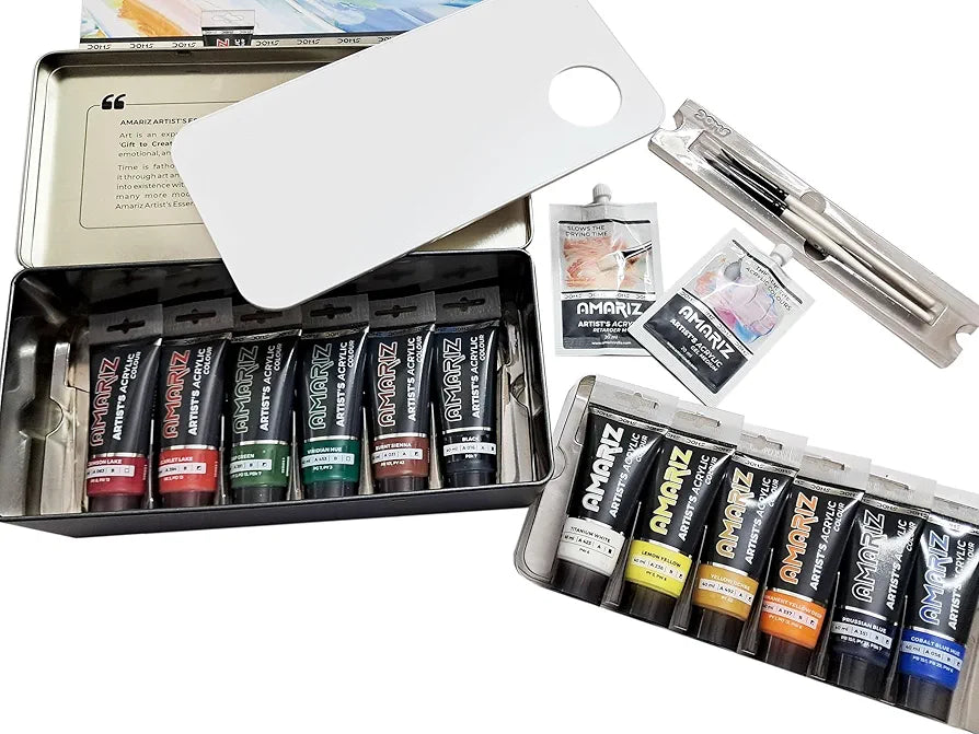 Doms Amariz Artist's Acrylic Colours, a set of 12 acrylic paint tubes, each containing 40ml of paint.