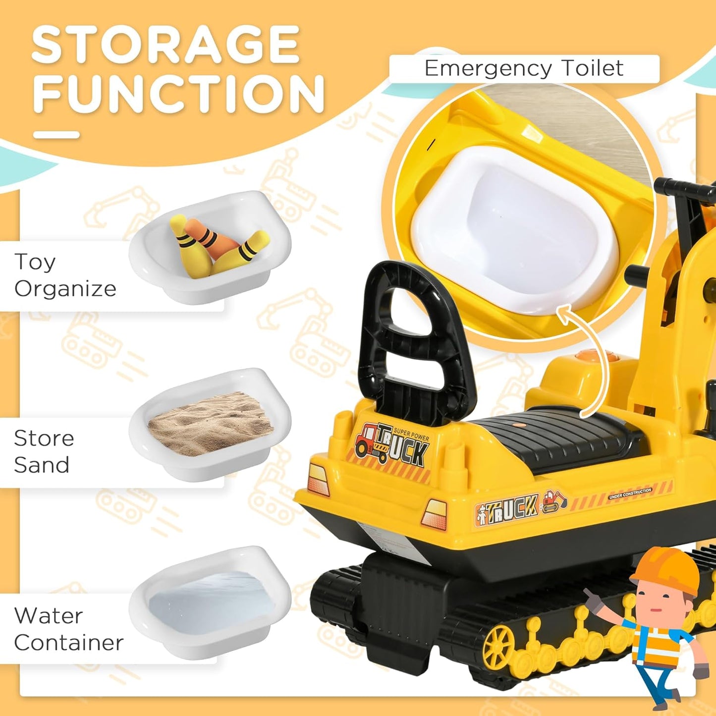 Toy construction vehicle with storage compartments on a yellow background