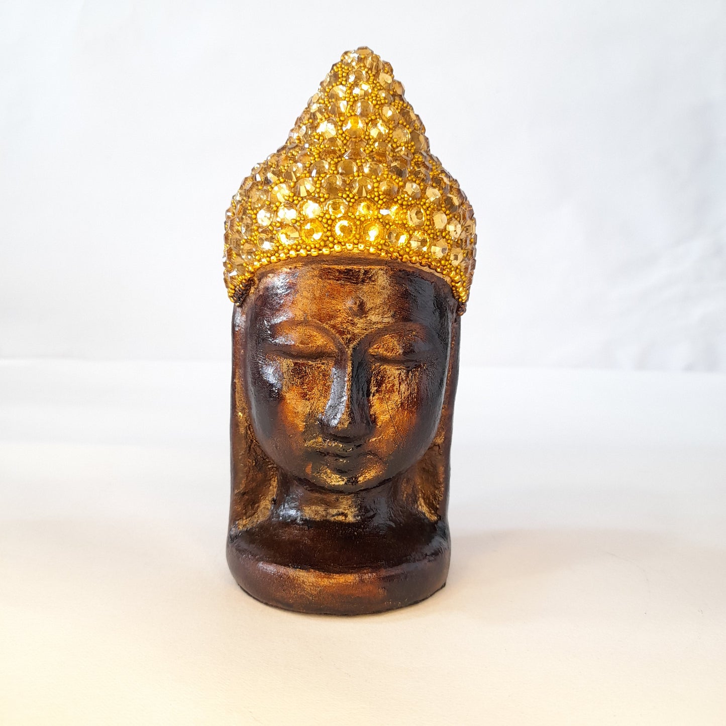 Paper Mache Gautam Buddha Head Gold Chitton Work Golden Brown Texture