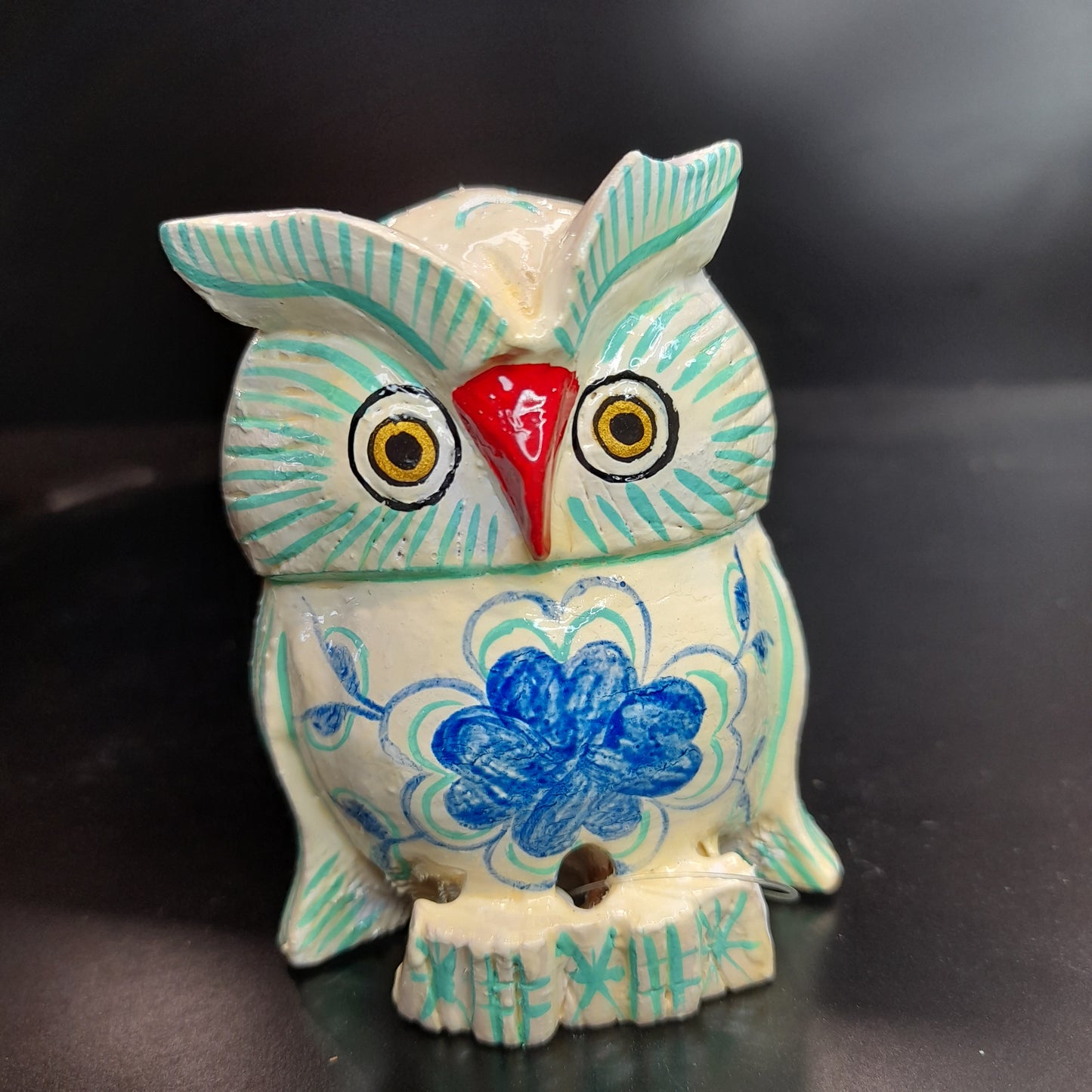 Wooden Owl F Pose W/Blue Flower Paint