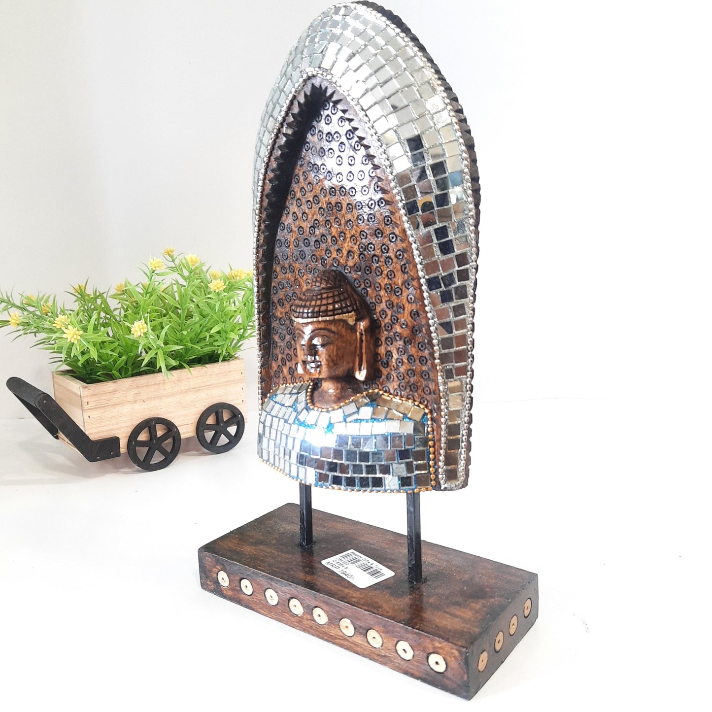 Wooden Gautam Buddha Carved in Rock W/Base & Glass