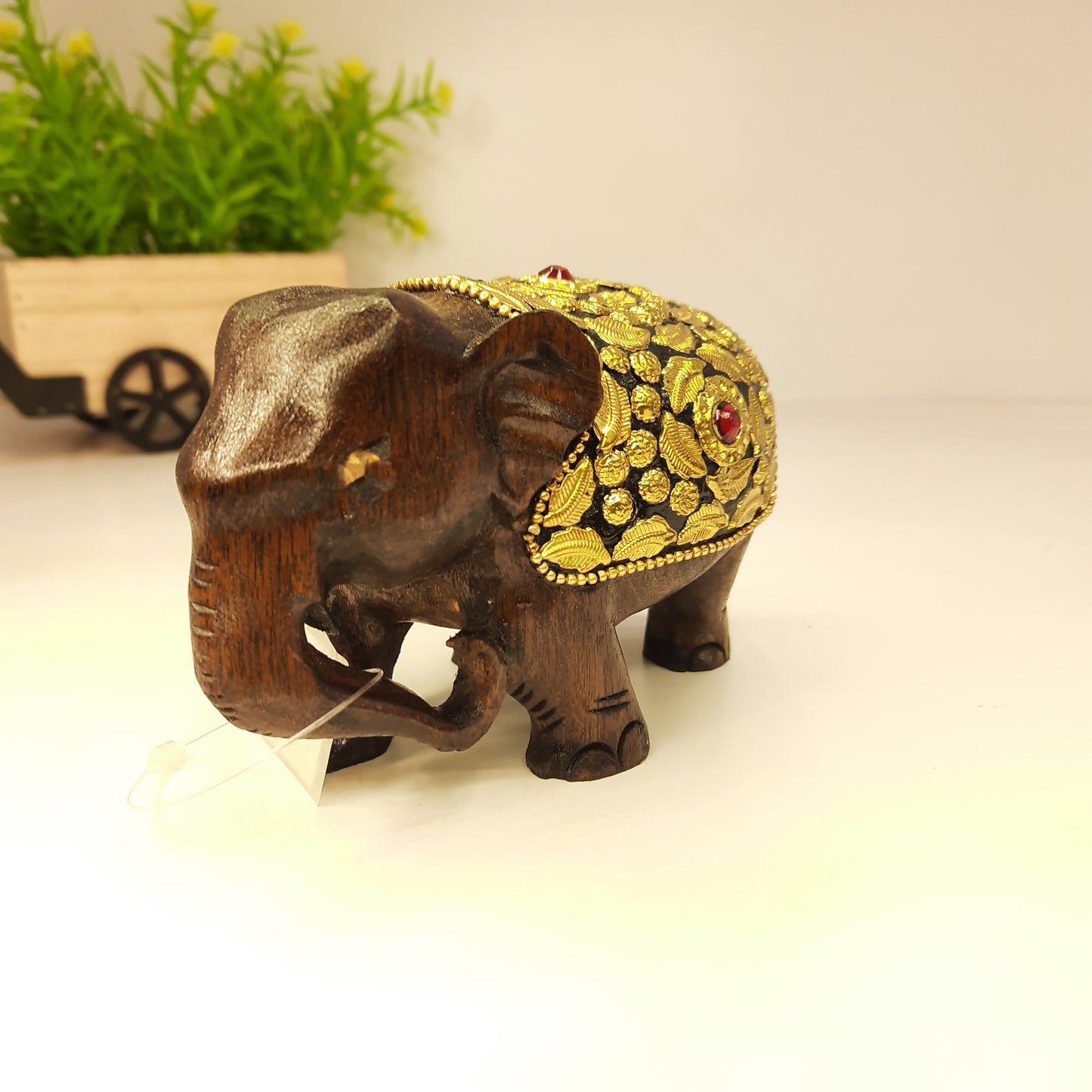 Wooden Elephant T.D Fat W/Brass Chitton Work Oxod