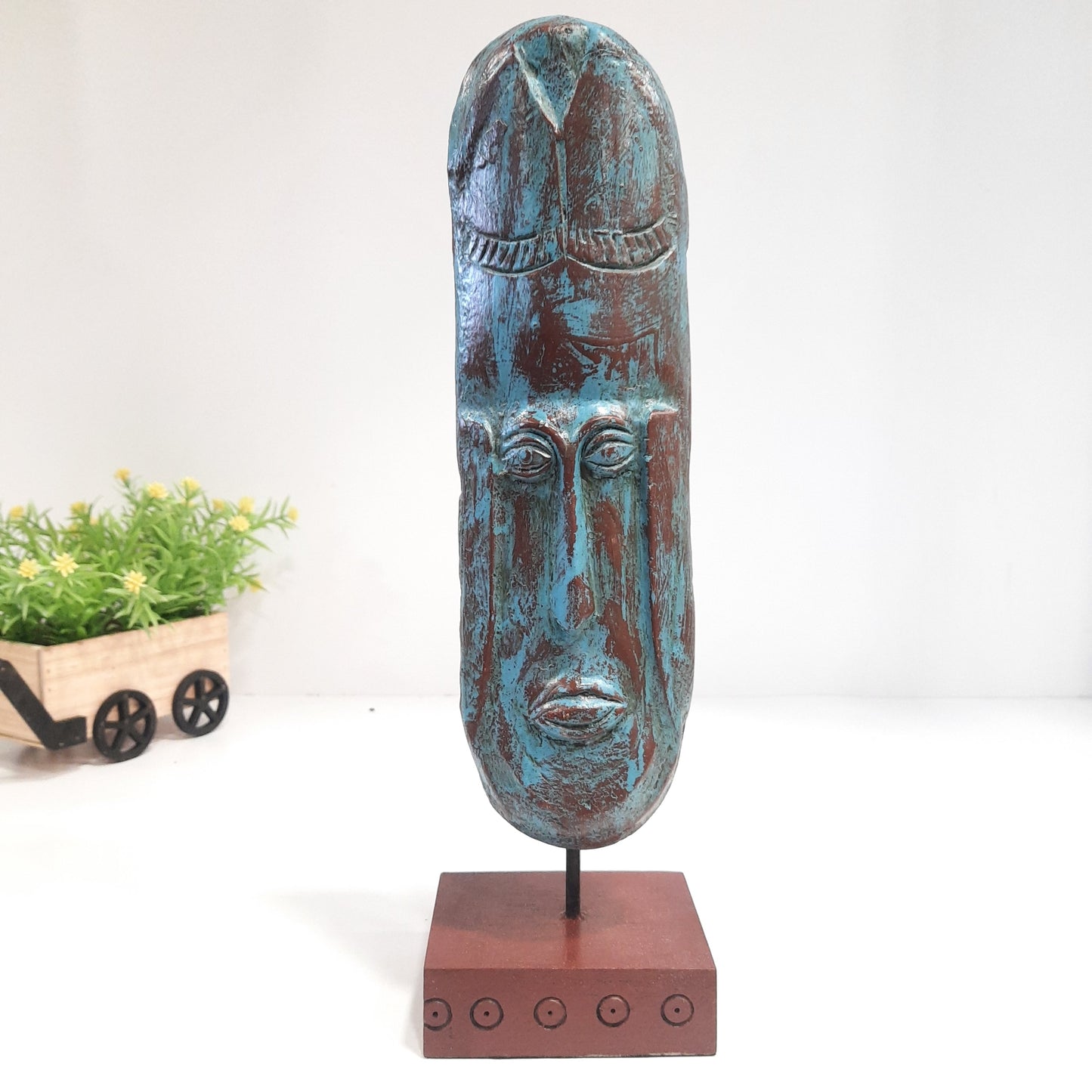 Paper Mahcie African Mask on Base With Turquoise Finish
