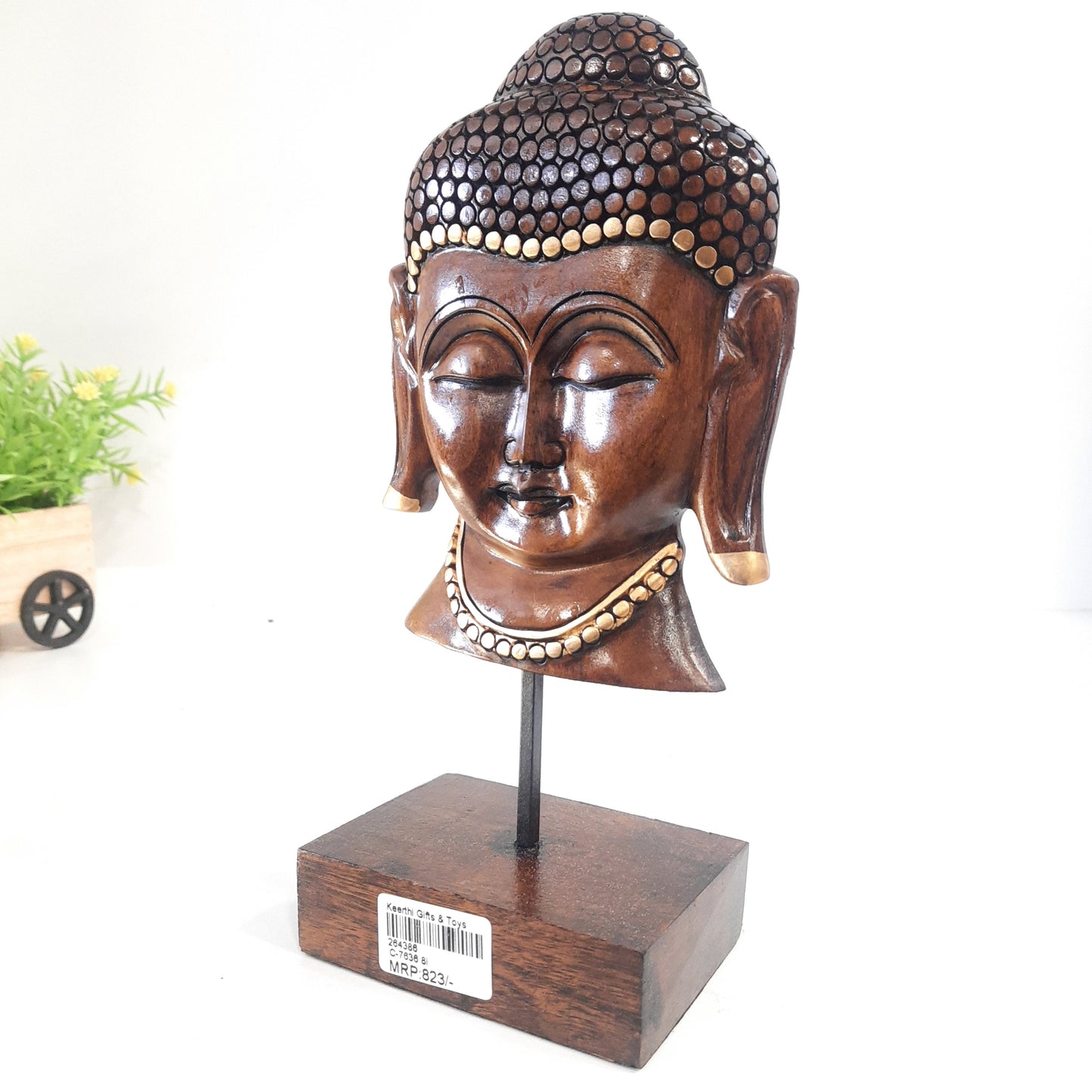 Wooden Gautam Buddha Bust on Base